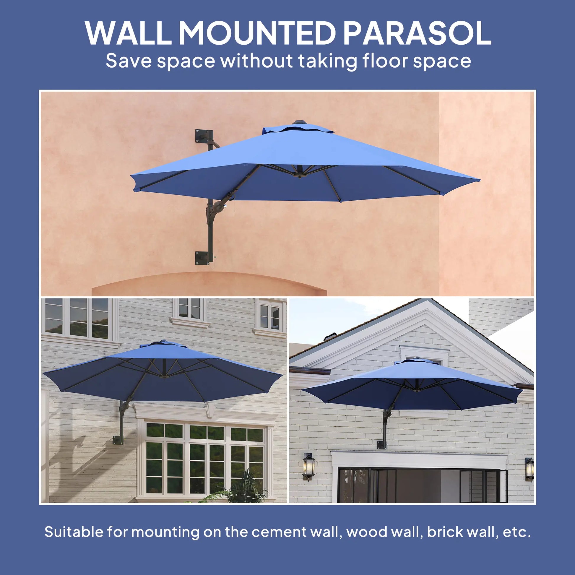 9.6 x 9.6 ft Wall Mounted Umbrella, Rotating Patio Parasol, Dark Blue Sun Umbrellas at Gallery Canada