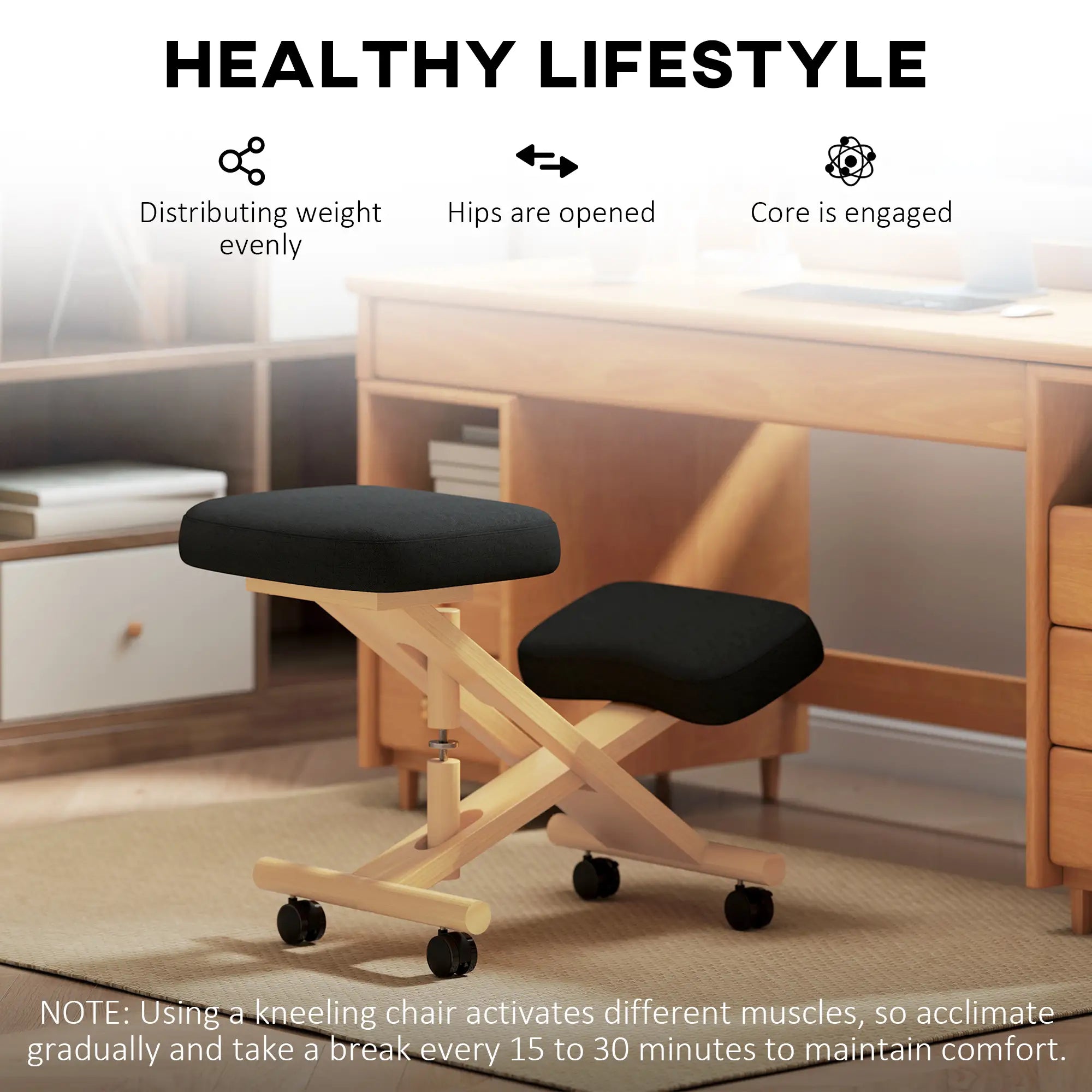 Ergonomic Kneeling Chair, Rubberwood Frame, Rolling Wheels, Black Office Chairs at Gallery Canada