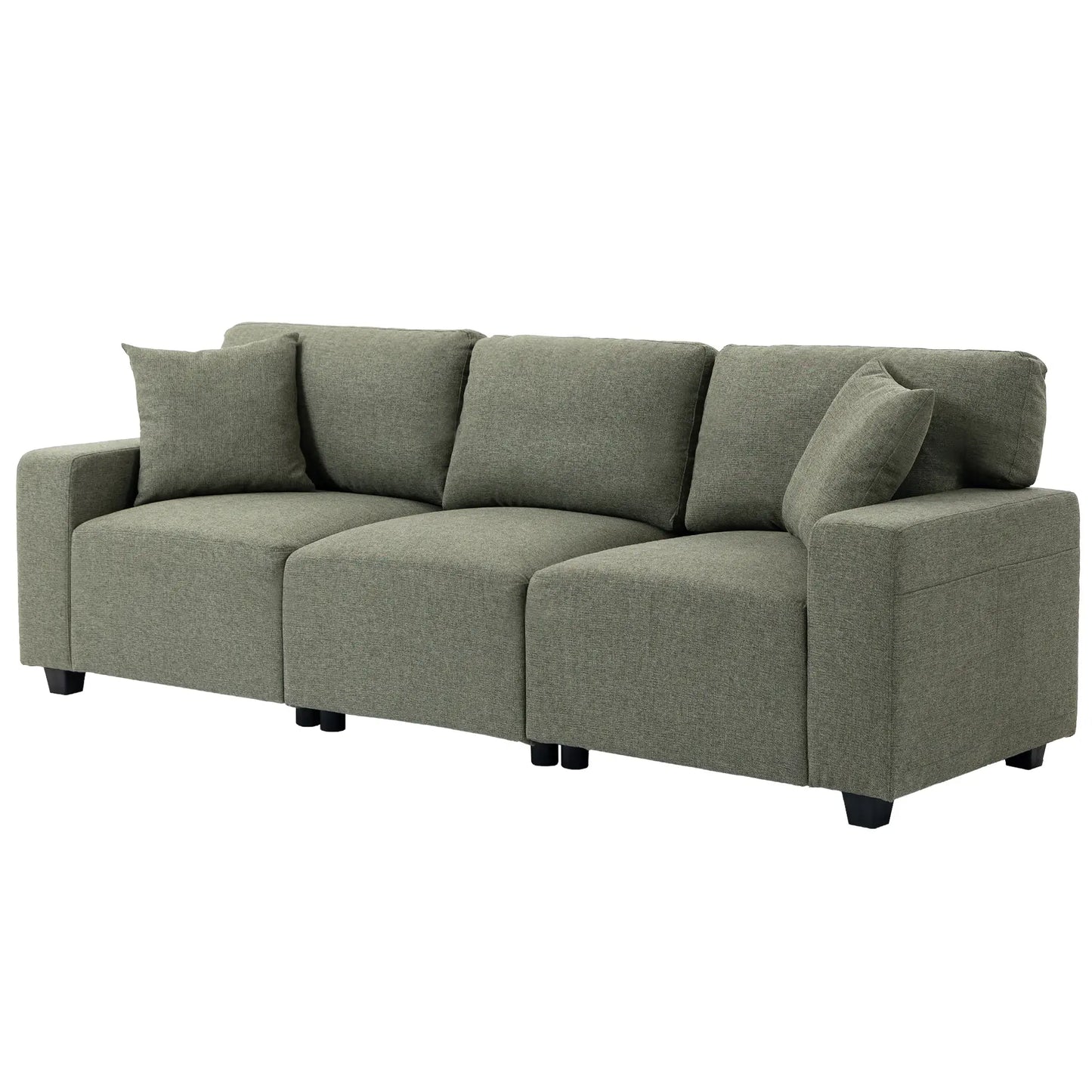 3 Seater Sofa With Storage Pockets, Modern Upholstered Couch, Green