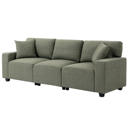 3 Seater Sofa With Storage Pockets, Modern Upholstered Couch, Green