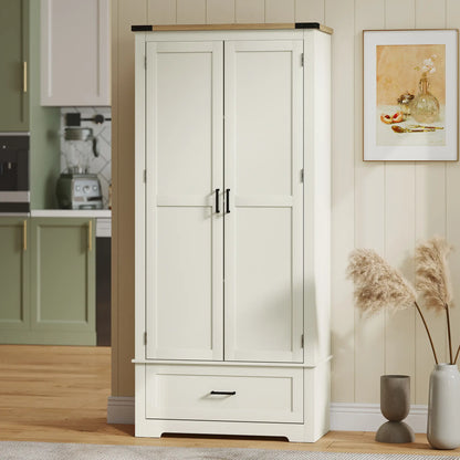 69" Tall Farmhouse Pantry Cabinet, 2 Doors, Drawer, Cream White Kitchen Pantry Cabinets at Gallery Canada