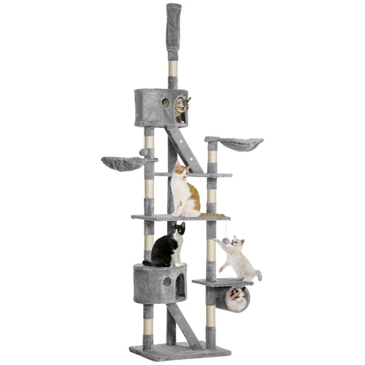 94"-102" Cat Tree, Ceiling High Condo, Scratching Post, Multi-Level Play House, Light Grey Floor to Ceiling Cat Trees Beige and Brown at Gallery Canada