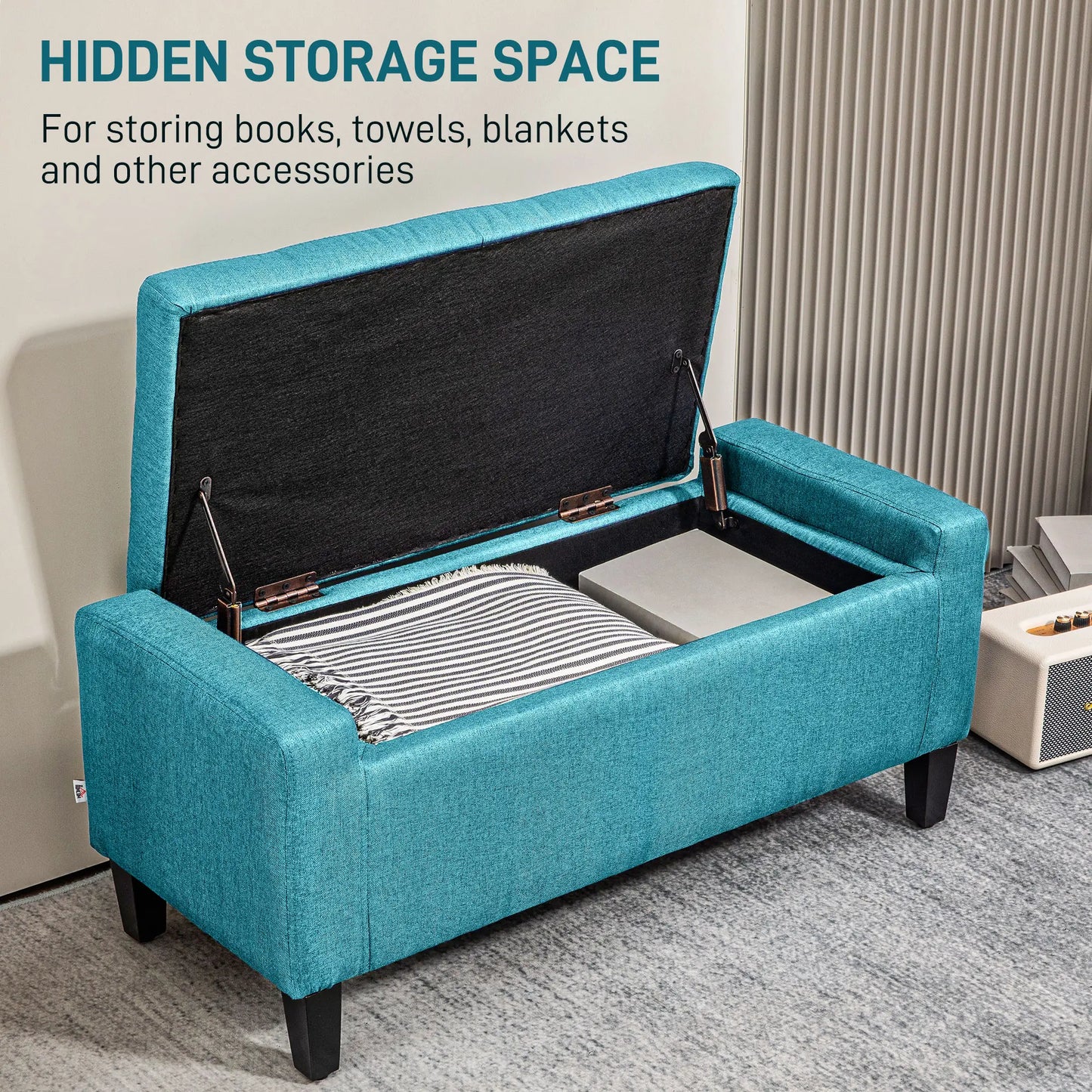 Linen Upholstered Storage Ottoman Bench, Tufted Design, Green Storage Ottomans & Benches at Gallery Canada