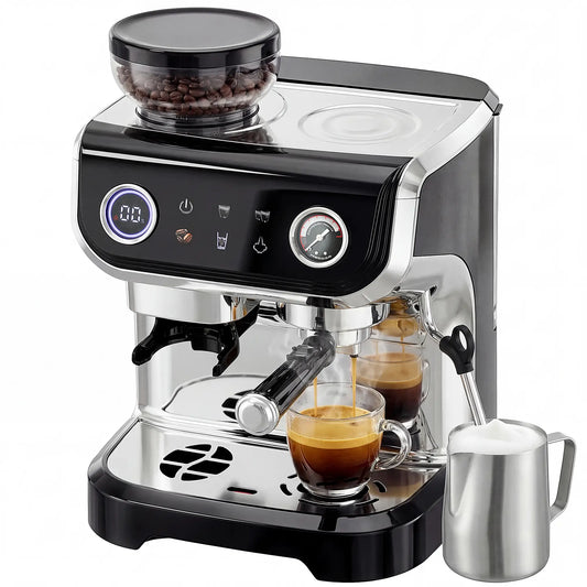 15 Bar Espresso Machine With Grinder & Milk Frother, Stainless Steel, Black Small Kitchen Appliances Black at Gallery Canada