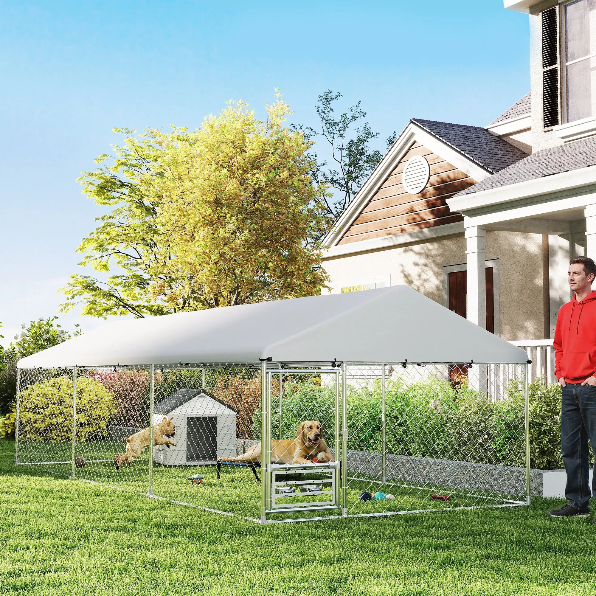 Outdoor Dog Run, Adjustable Rotating Bowls, Waterproof Cover, 19.7' x 7.5' x 5.2' Houses, Kennels & Pens at Gallery Canada