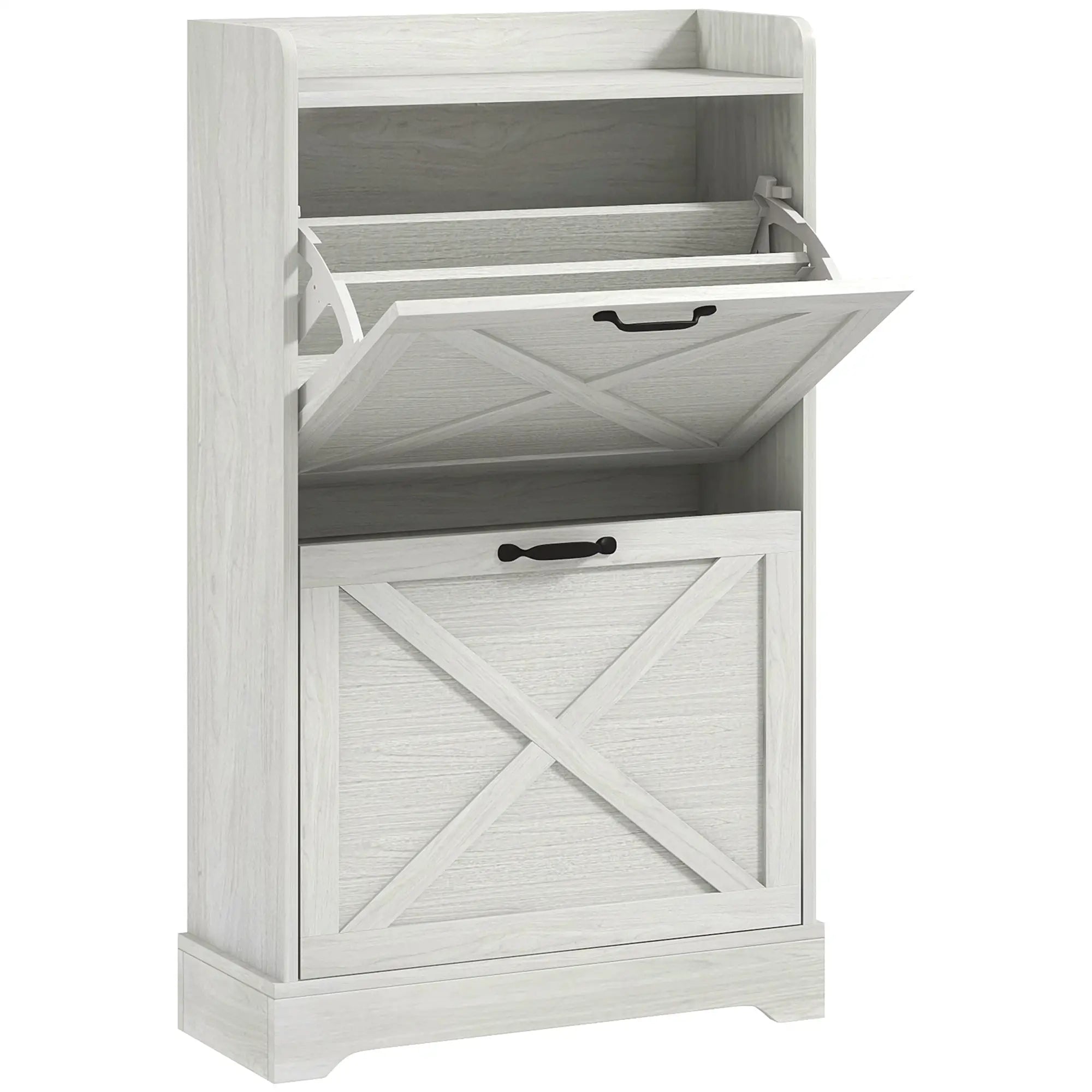 Slim Shoe Storage Cabinet, Farmhouse Style, 2 Flip Drawers, Adjustable Shelves, Holds 8 Pairs, Distressed, White Shoe Storage Cabinets & Racks Distressed White at Gallery Canada
