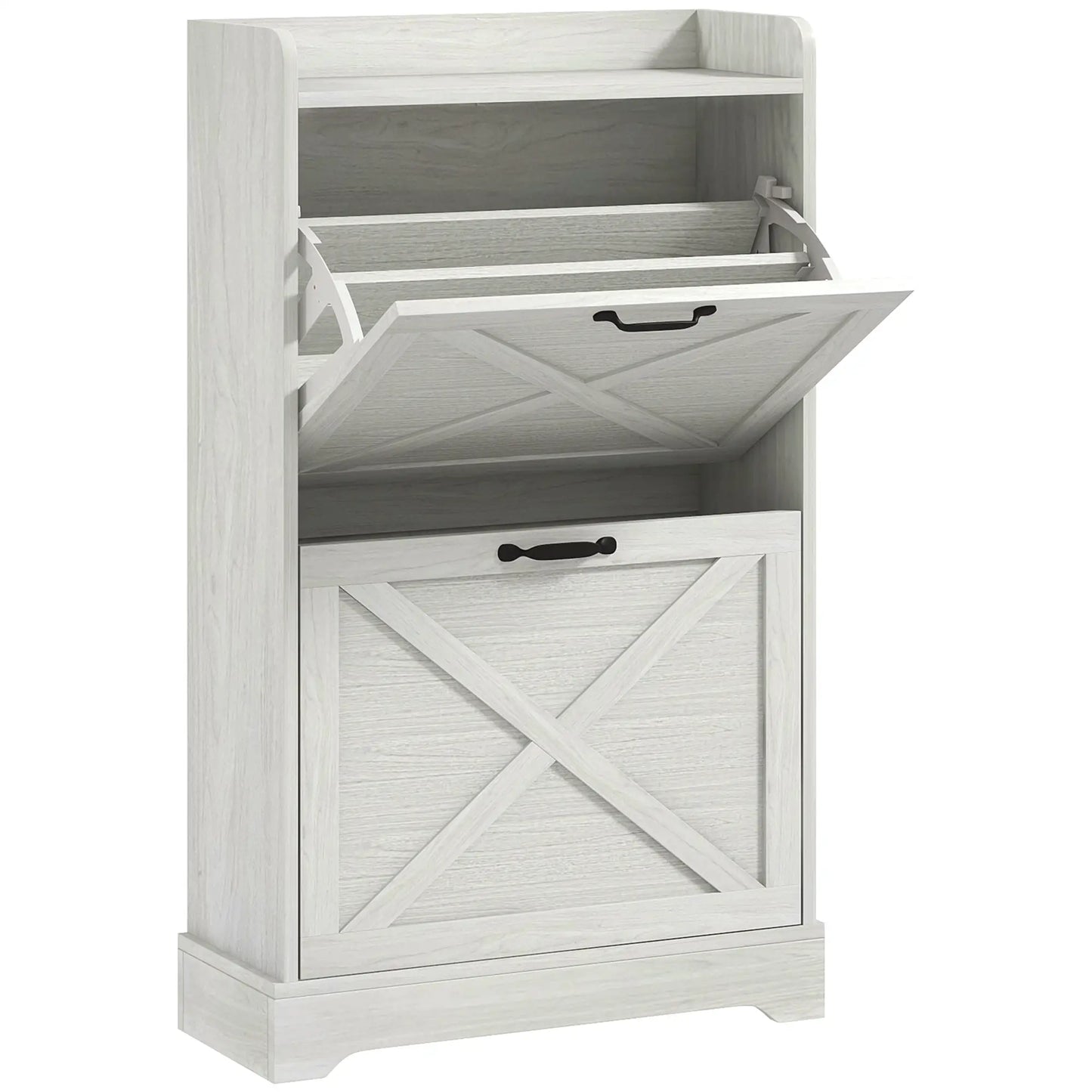 Slim Shoe Storage Cabinet, Farmhouse Style, 2 Flip Drawers, Adjustable Shelves, Holds 8 Pairs, Distressed, White Shoe Storage Cabinets & Racks Distressed White at Gallery Canada