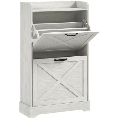 Slim Shoe Storage Cabinet, Farmhouse Style, 2 Flip Drawers, Adjustable Shelves, Holds 8 Pairs, Distressed, White Shoe Storage Cabinets & Racks Distressed White at Gallery Canada