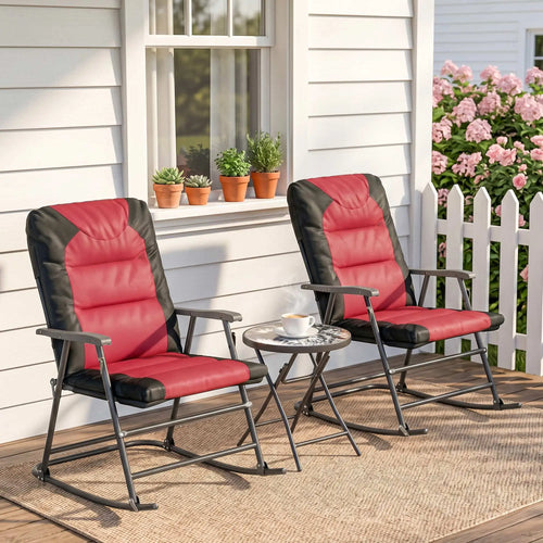 Patio Foldable Rocking Chair Set W/ Padded Seat, Red