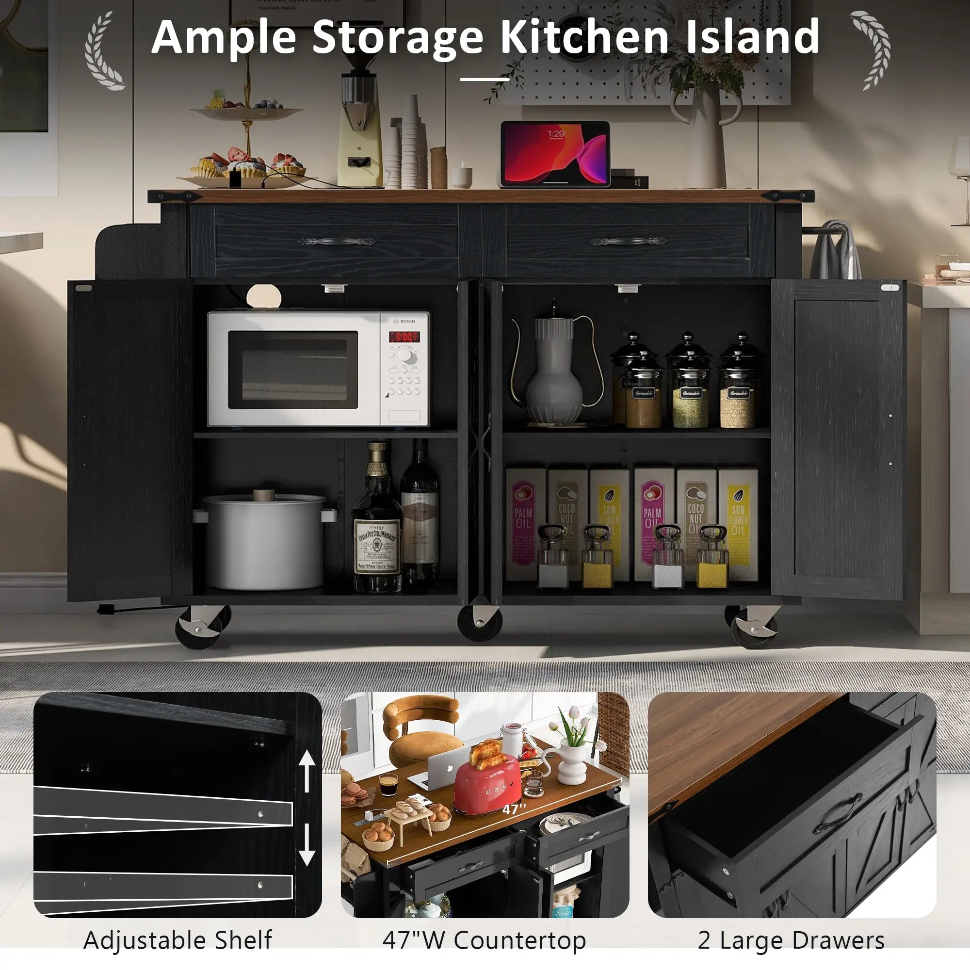 Kitchen Island with Spice Rack, Storage Drawers, Power Outlet, 53.5