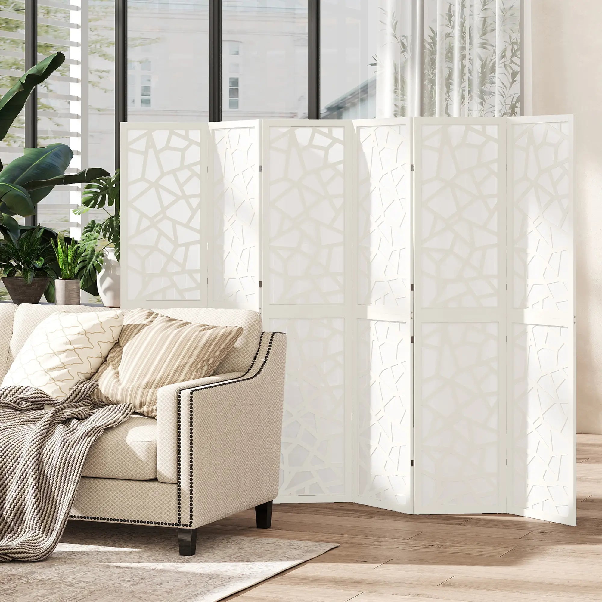 6 Panel Room Divider, 5.6 FT, Geometric Pattern Privacy Screen, White Room Dividers at Gallery Canada