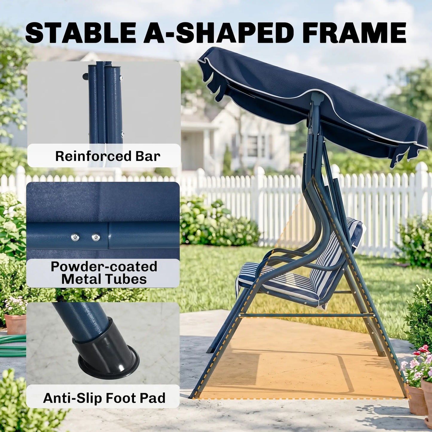 Outdoor Porch Swing, Adjustable Canopy, 3-Seater with Cushion, Blue Patio Swings with Stand at Gallery Canada