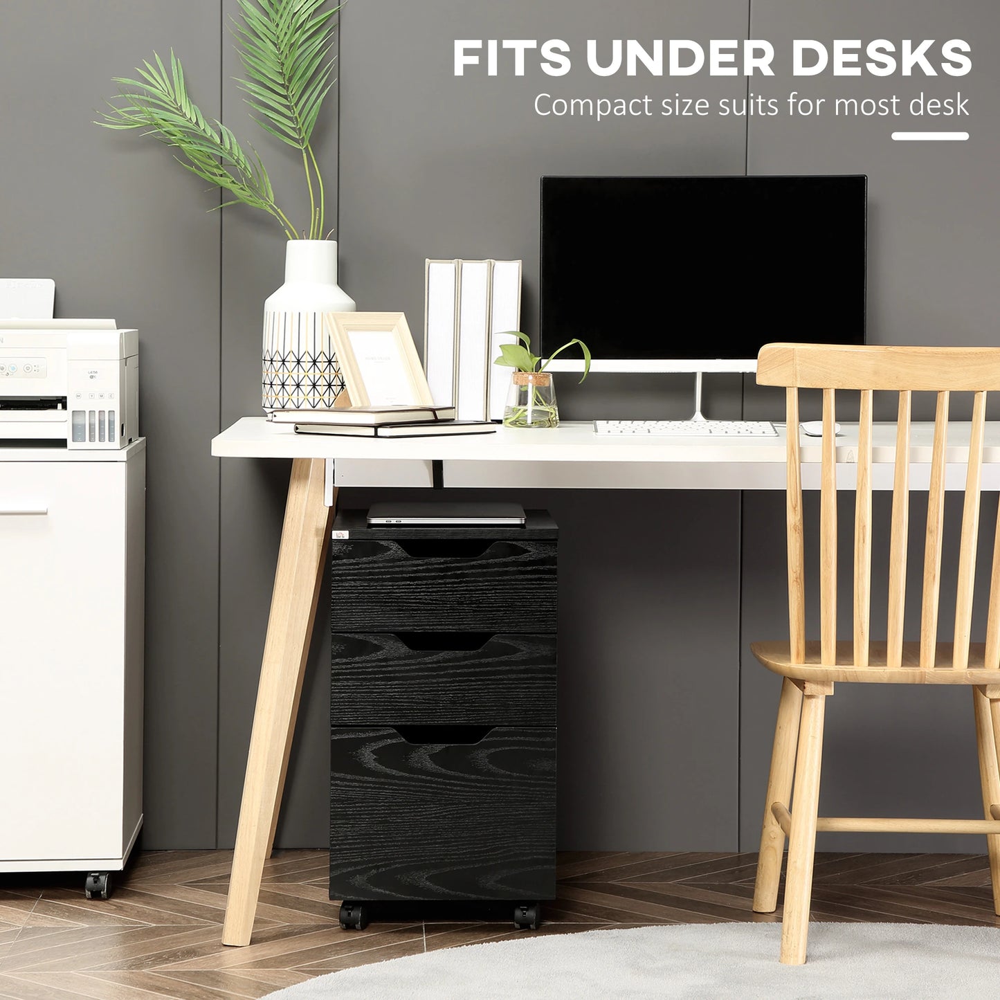 3 Drawer Vertical Filing Cabinet, Mobile Under Desk Storage, Wood Grain, Black Office Cabinets & Cupboards at Gallery Canada