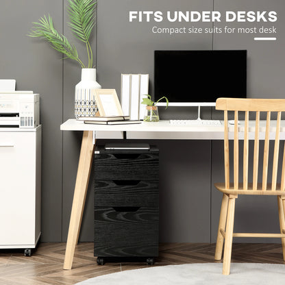 3 Drawer Vertical Filing Cabinet, Mobile Under Desk Storage, Wood Grain, Black Office Cabinets & Cupboards at Gallery Canada