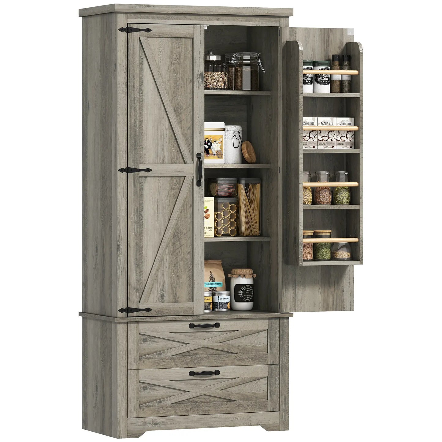 Farmhouse Kitchen Pantry Cabinet, 64" Freestanding with Drawers, Distressed Grey, Grey Kitchen Pantry Cabinets at Gallery Canada