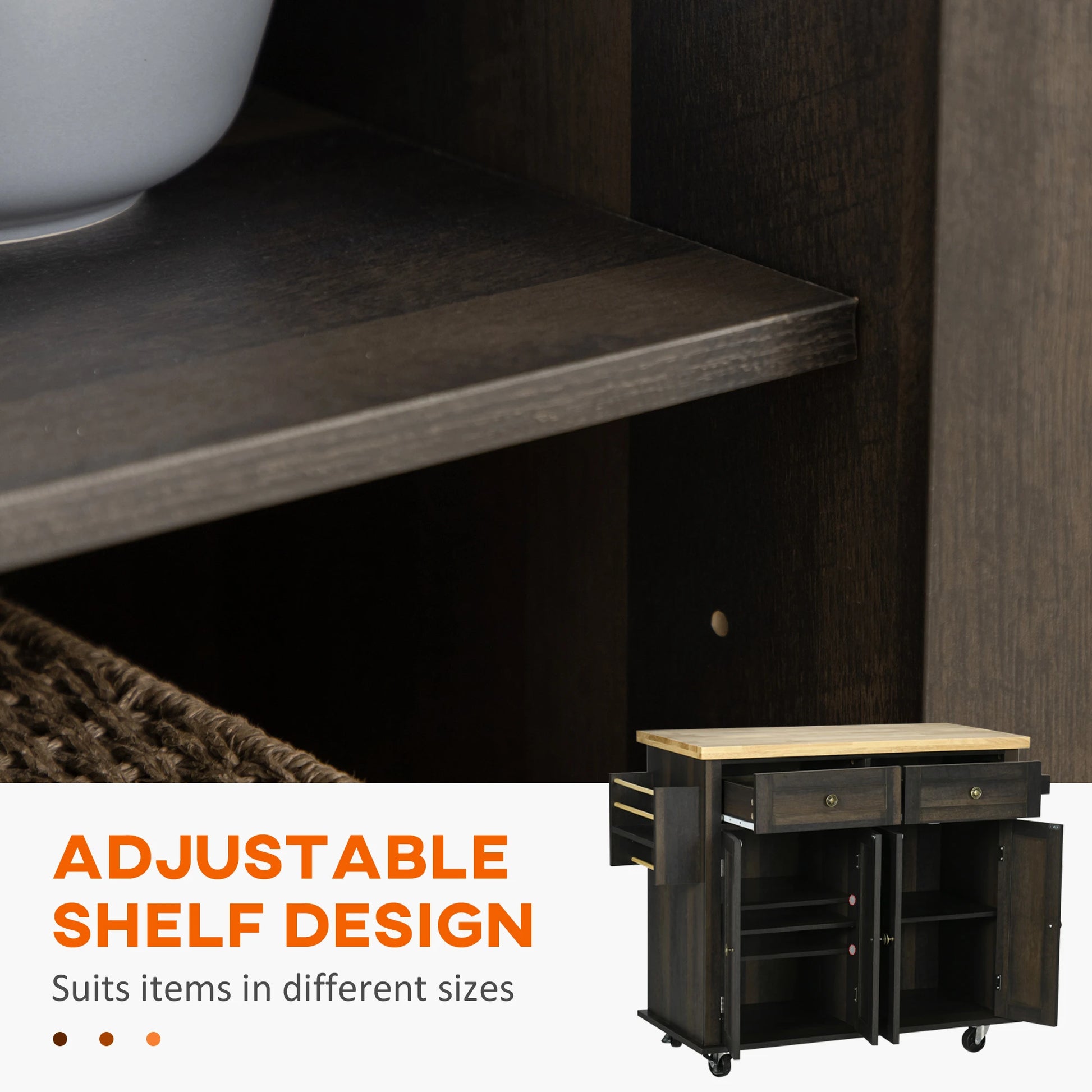 Kitchen Island with Storage, Rolling Cart, Rubber Wood Top, Brown Oak, Brown Kitchen Islands & Kitchen Carts at Gallery Canada