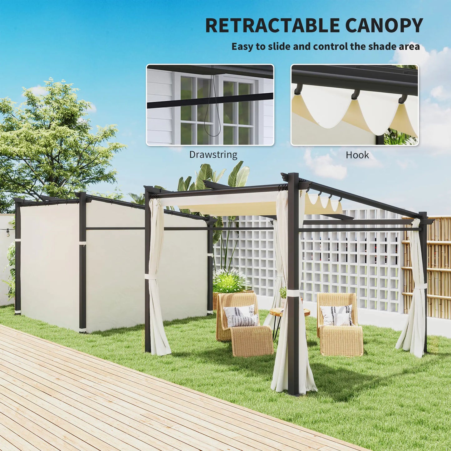 Metal Pergola, Sliding Roof Canopy, Retractable, 10' x 10', Beige Pergolas at Gallery Canada