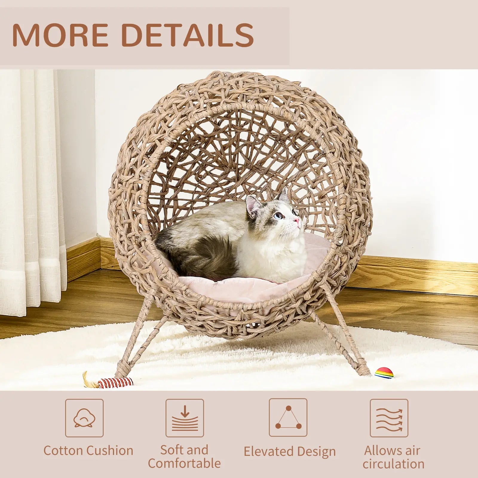 Rattan Cat House with Cushion, Elevated Wicker Kitten Bed, Natural Wood Cat Houses at Gallery Canada