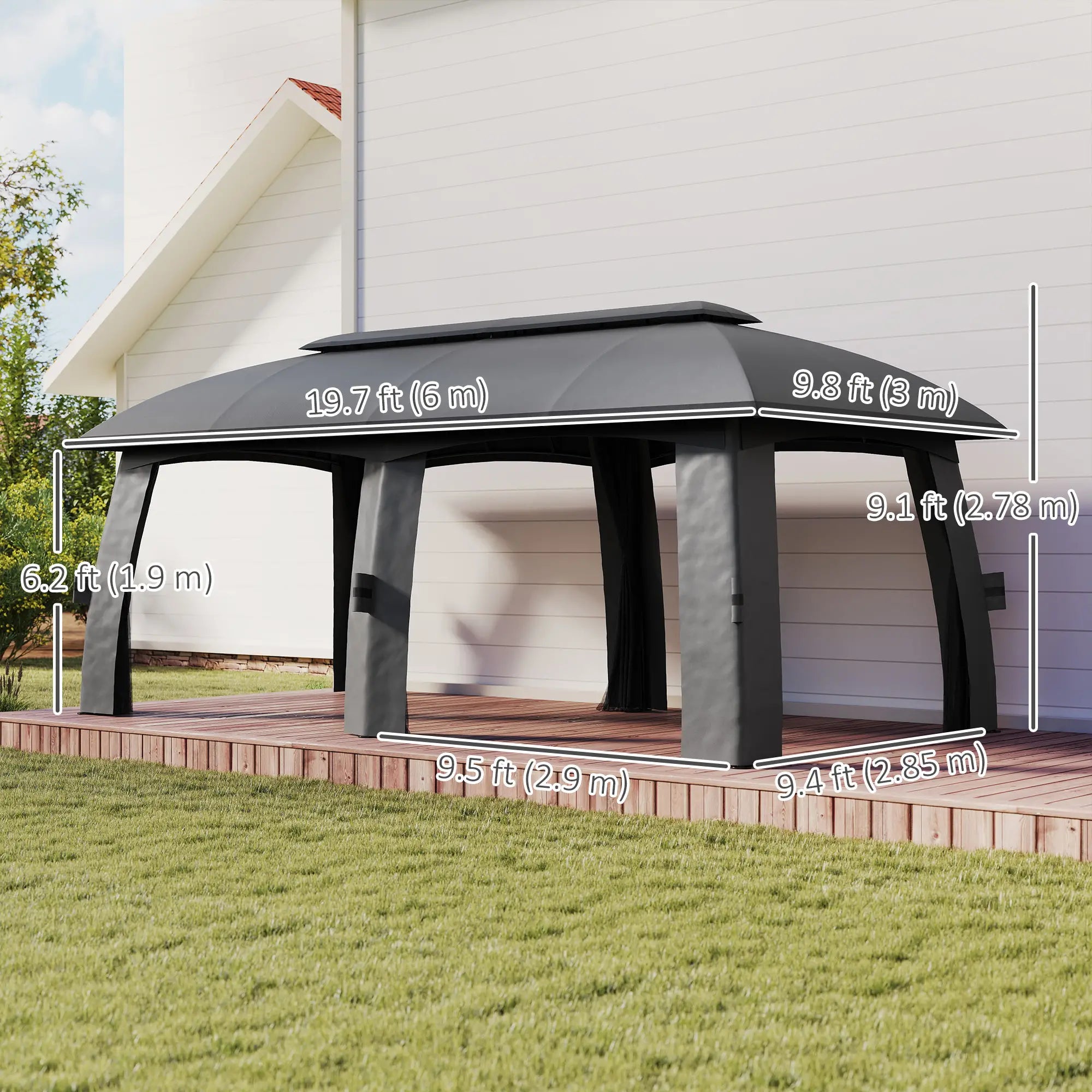10' x 20' Outdoor Gazebo, Garden Canopy Shelter with Netting, Dark Grey Gazebos at Gallery Canada