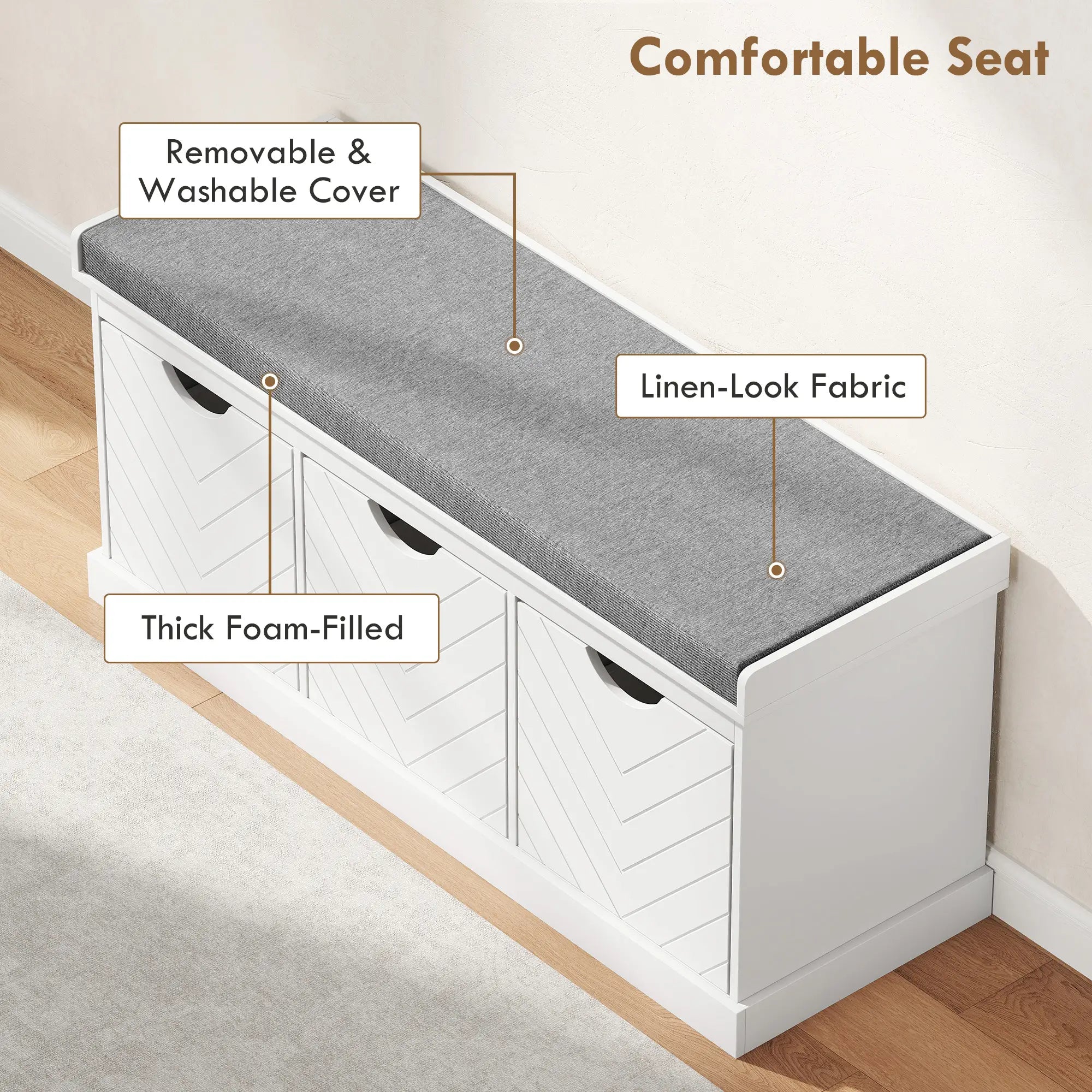 Shoe Storage Bench, 3 Drawers, Padded Seat, White Shoe Storage Cabinets & Racks at Gallery Canada