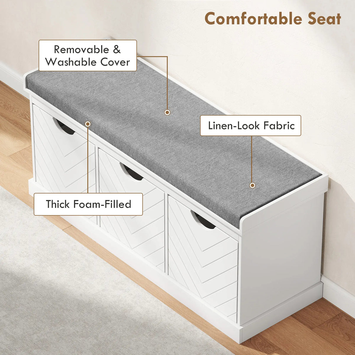 Shoe Storage Bench, 3 Drawers, Padded Seat, White Shoe Storage Cabinets & Racks at Gallery Canada