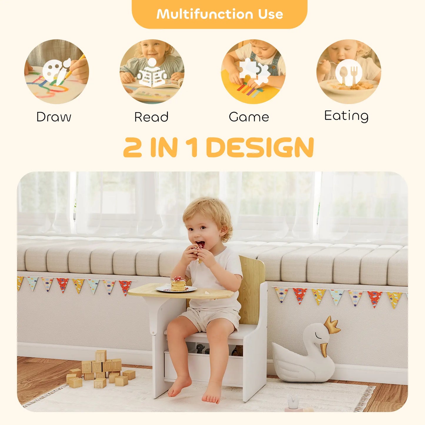 Ensemble de table et chaises pour enfants avec bac de rangement, âges 3-5, blanc