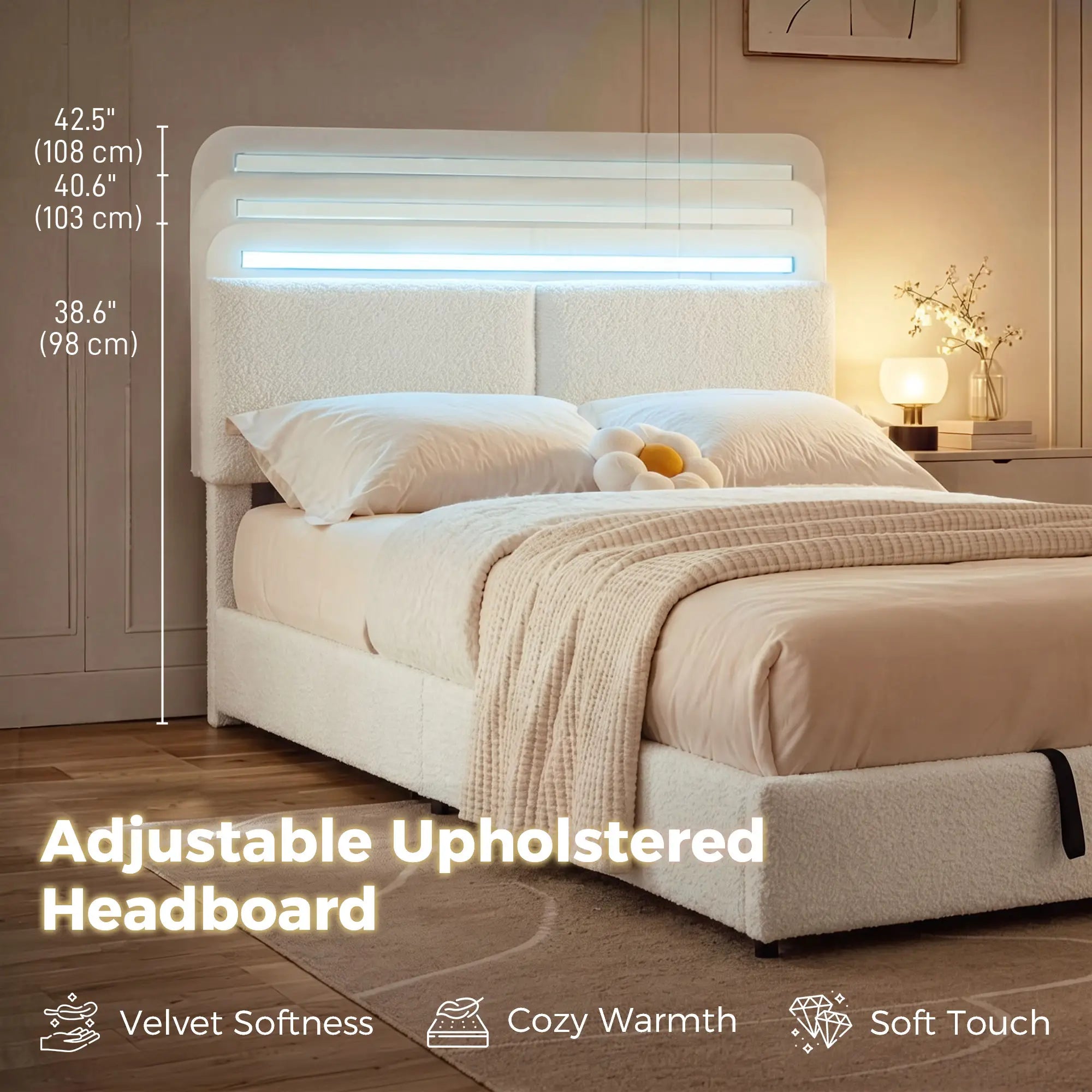 Queen Bed Frame with Charging Station, LED Lights, Adjustable Headboard, White Bed Frames at Gallery Canada