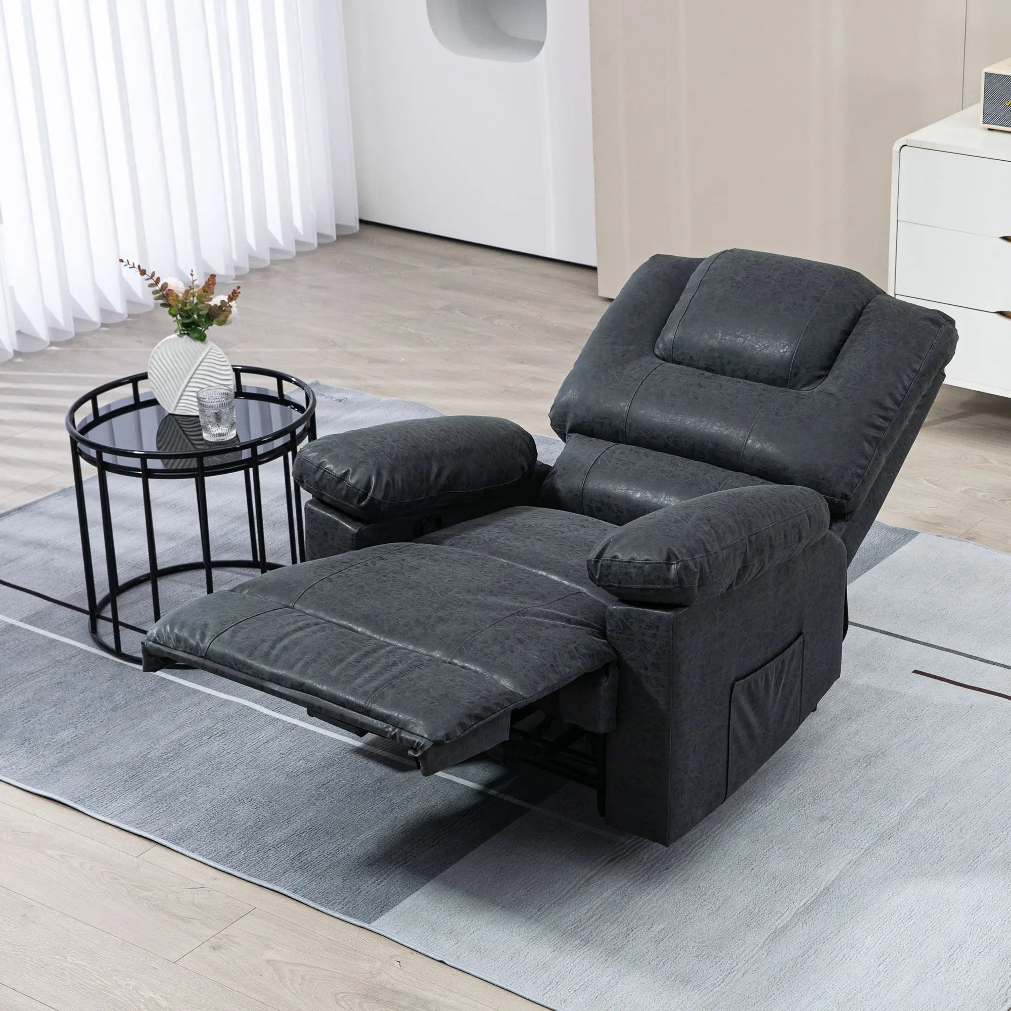 PU Leather Recliner Chair, Manual, Living Room, Footrest, Side Pockets, Steel Frame, Black Single Sofas at Gallery Canada