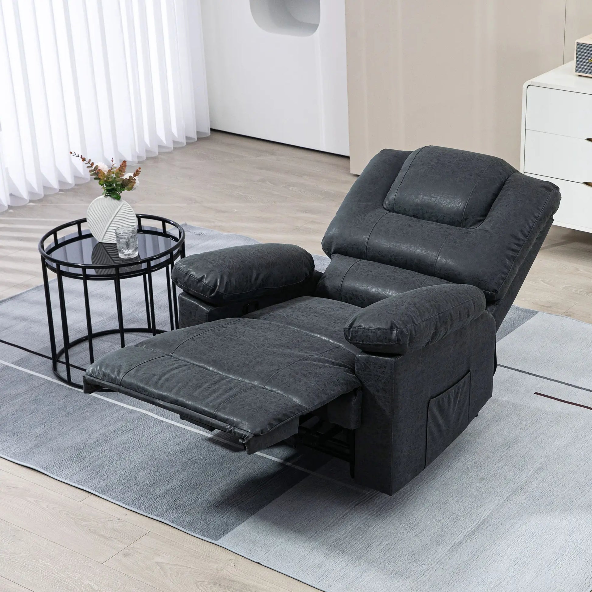 PU Leather Recliner Chair, Manual, Living Room, Footrest, Side Pockets, Steel Frame, Black Single Sofas at Gallery Canada