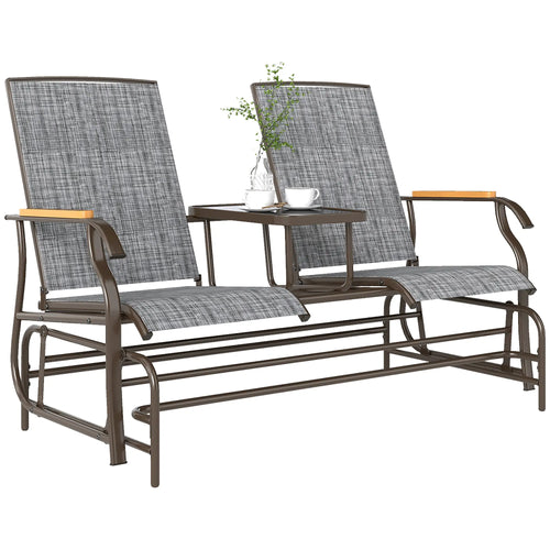 2-Person Outdoor Glider Bench, Swing Chair with Mesh, Table, Steel Frame
