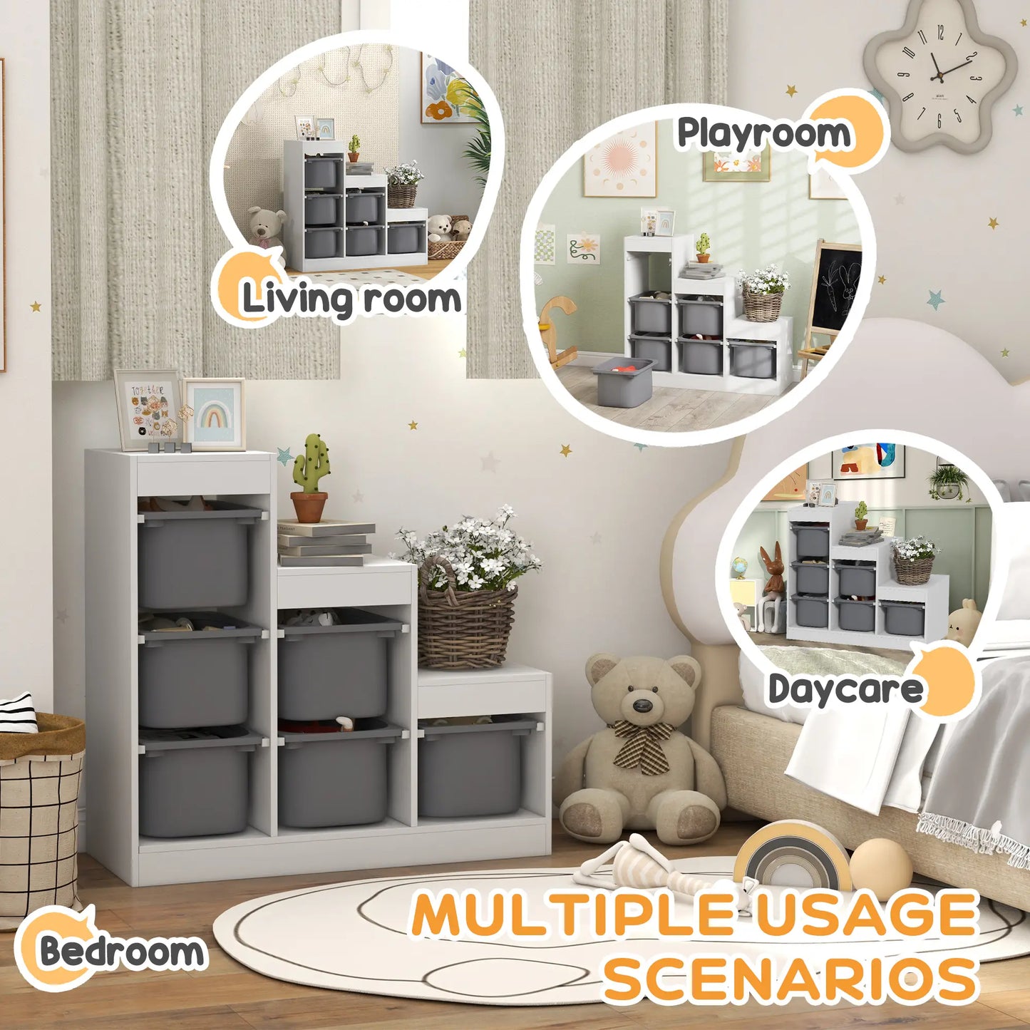 3 Layer Toy Storage Organizer, Kids Bookshelf, 6 Plastic Bins, White Baby & Kids Storage at Gallery Canada