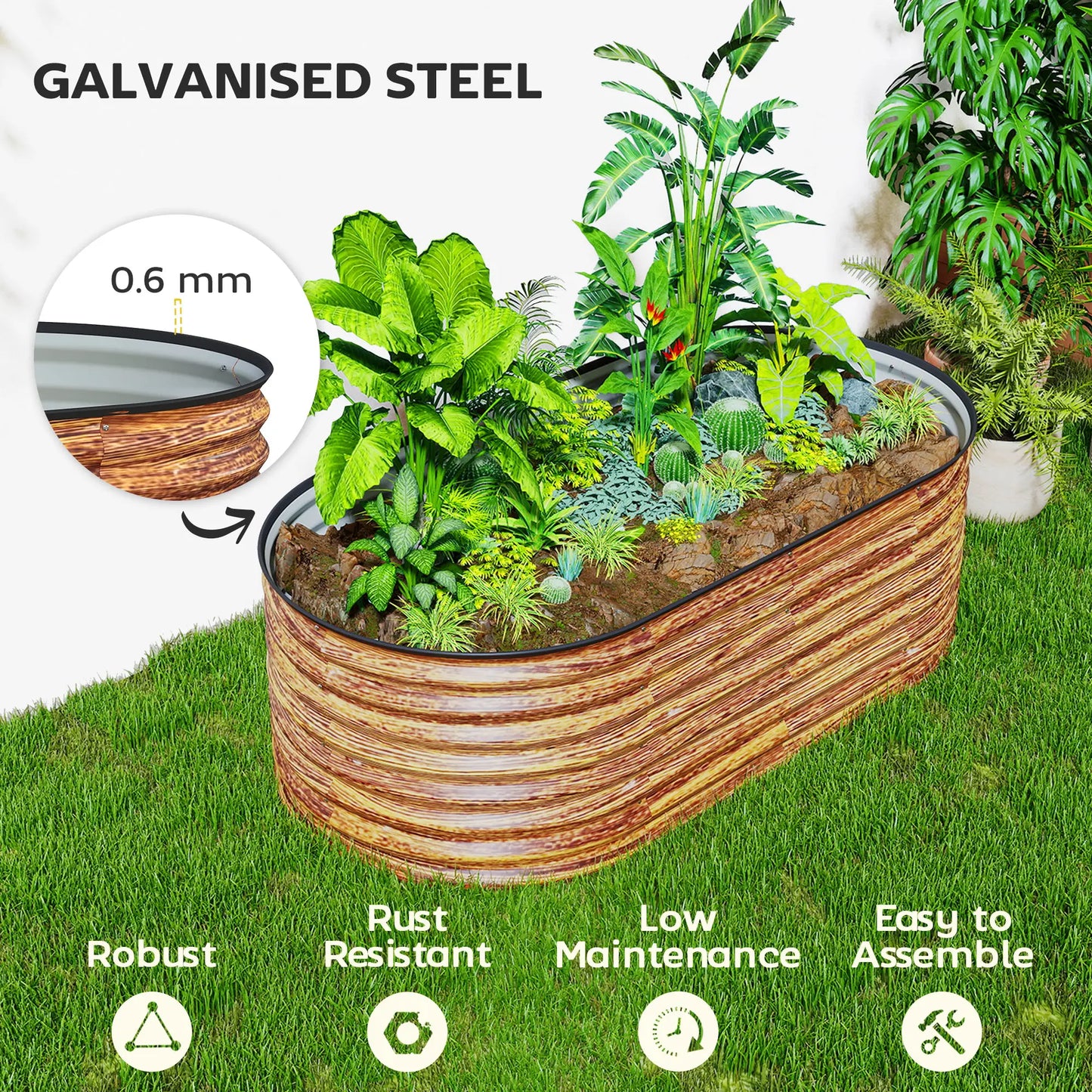 Galvanized Raised Garden Bed, 5 x 2.5 x 2 ft, Brown Wood Effect, Brown