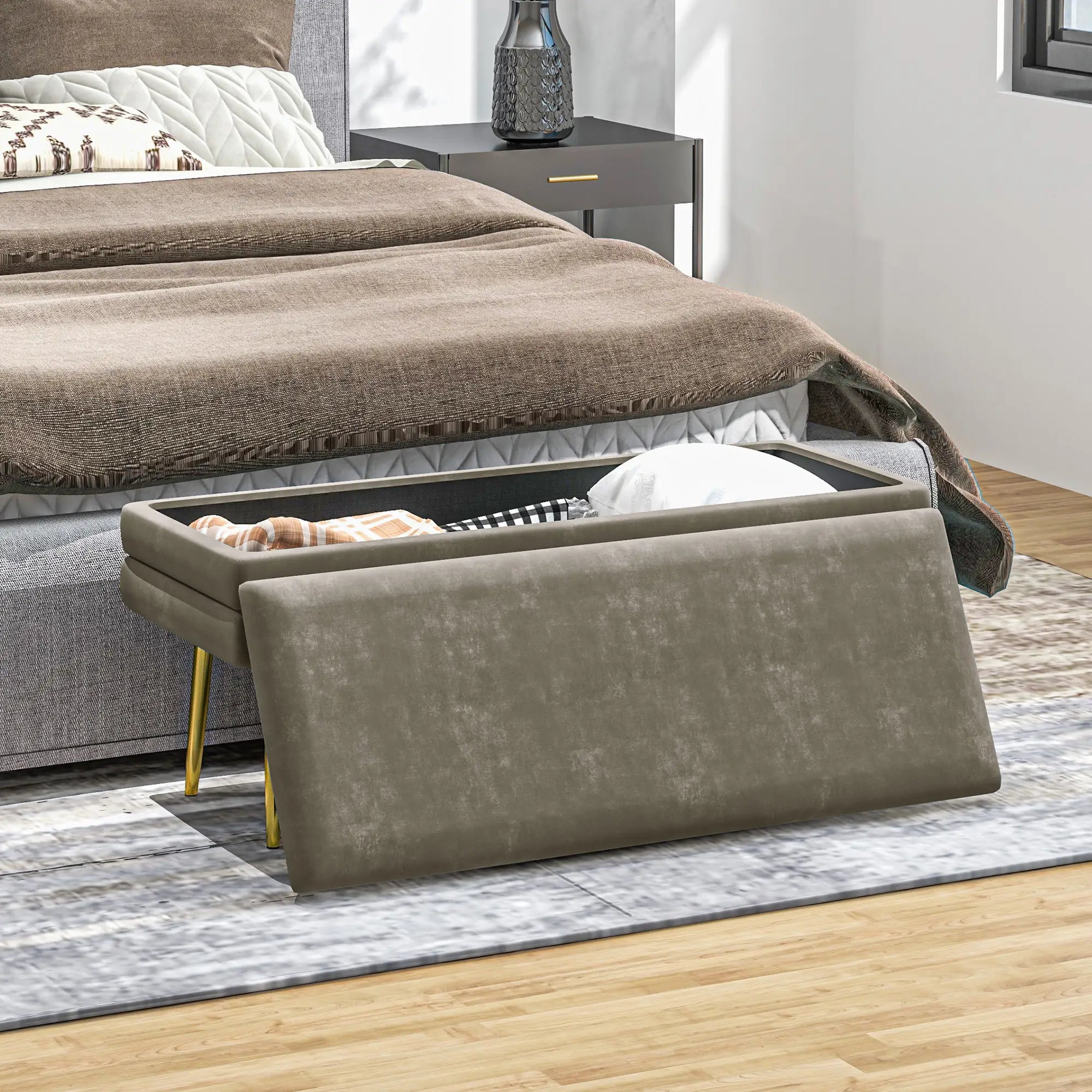 Velvet Upholstered Bench, Thick Padded Seat, Steel Legs, Beige Storage Ottomans & Benches at Gallery Canada