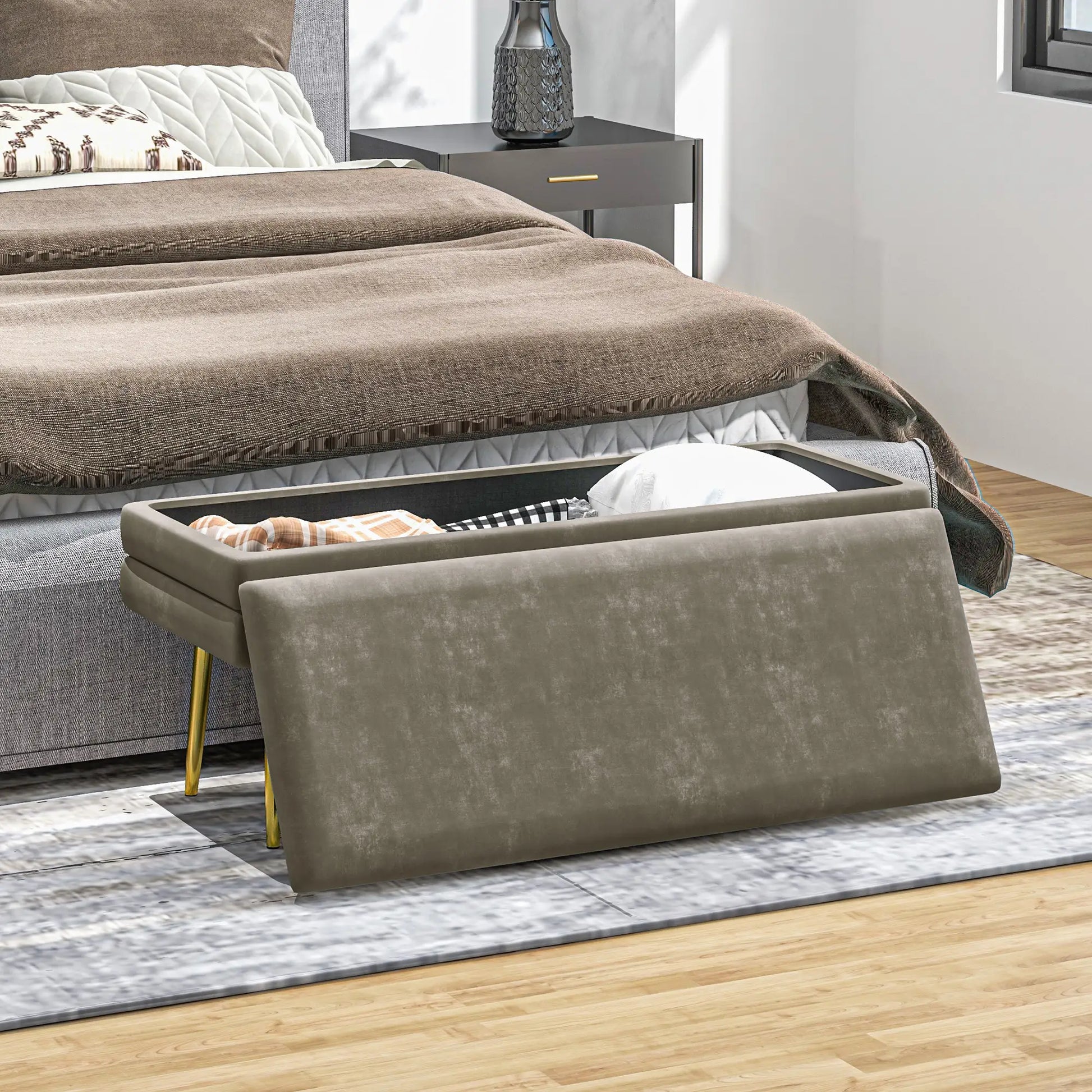 Velvet Upholstered Bench, Thick Padded Seat, Steel Legs, Beige Storage Ottomans & Benches at Gallery Canada