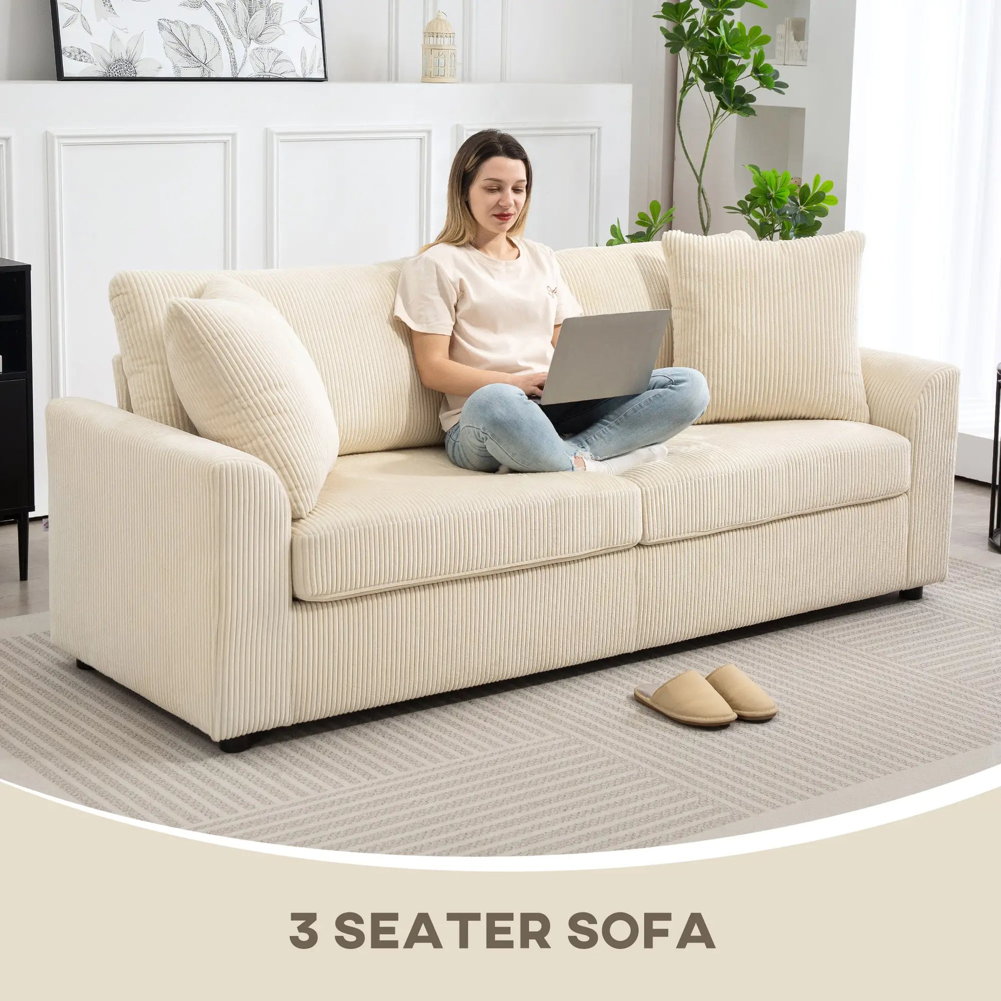 3 Seater Sofa, 83.5" Upholstered Couch, Pocket Spring, Cream White 3-Seater Sofas at Gallery Canada