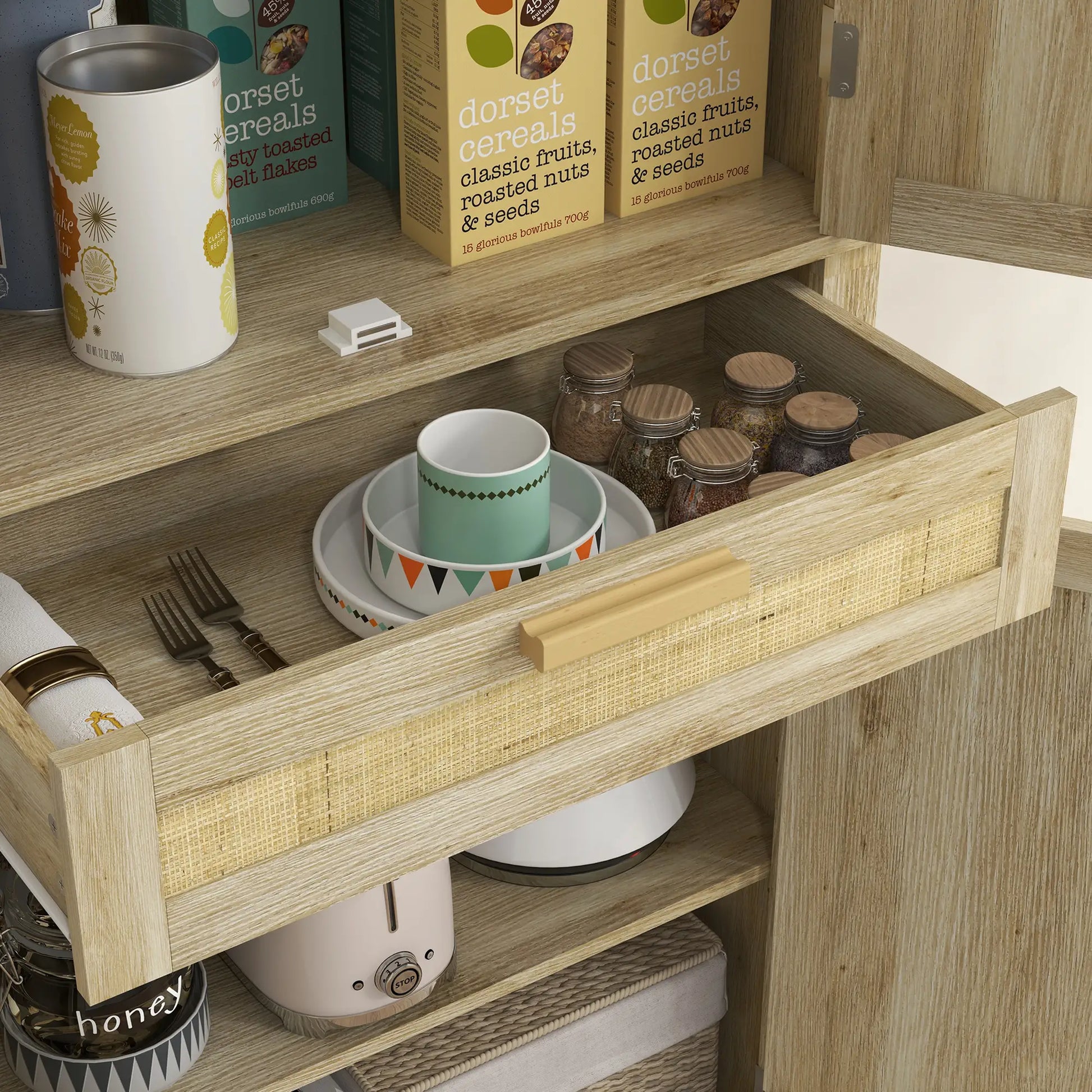 72" Kitchen Storage Cabinet, Rattan Pantry, 4 Doors, Drawer, 5-Tier Shelf, Oak Kitchen Pantry Cabinets at Gallery Canada
