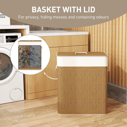 Double Laundry Basket with Lid, 100L Bamboo Hamper, Removable Bags, Brown Clothing Storage at Gallery Canada