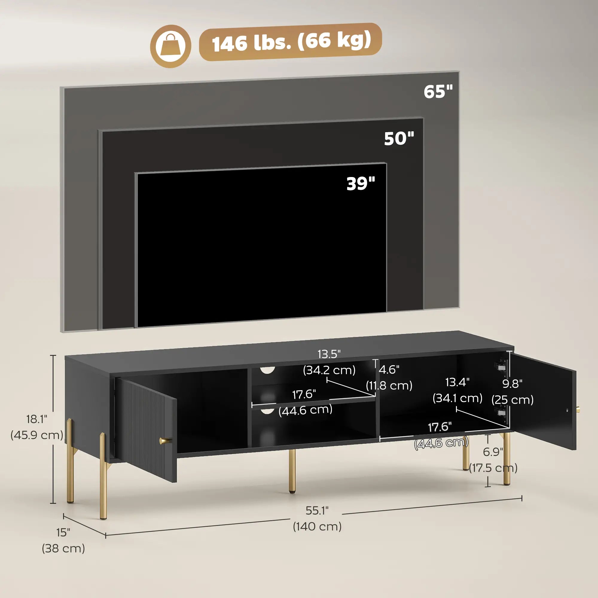 TV Stand for 65 Inch TVs, Entertainment Center with Shelves, Black TV Stands at Gallery Canada