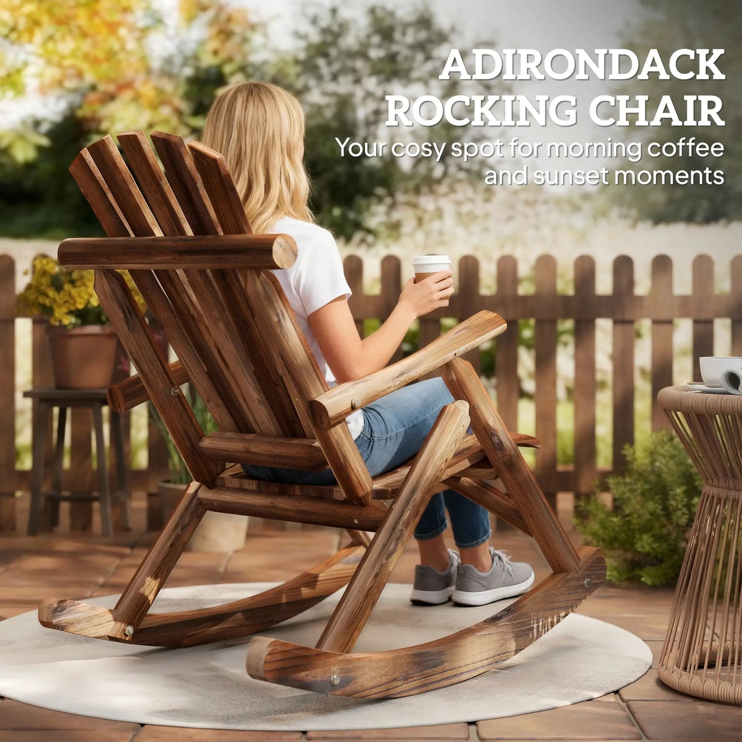 Wooden Outdoor Rocking Chair, Oversized Adirondack Patio Rocker, Carbonized