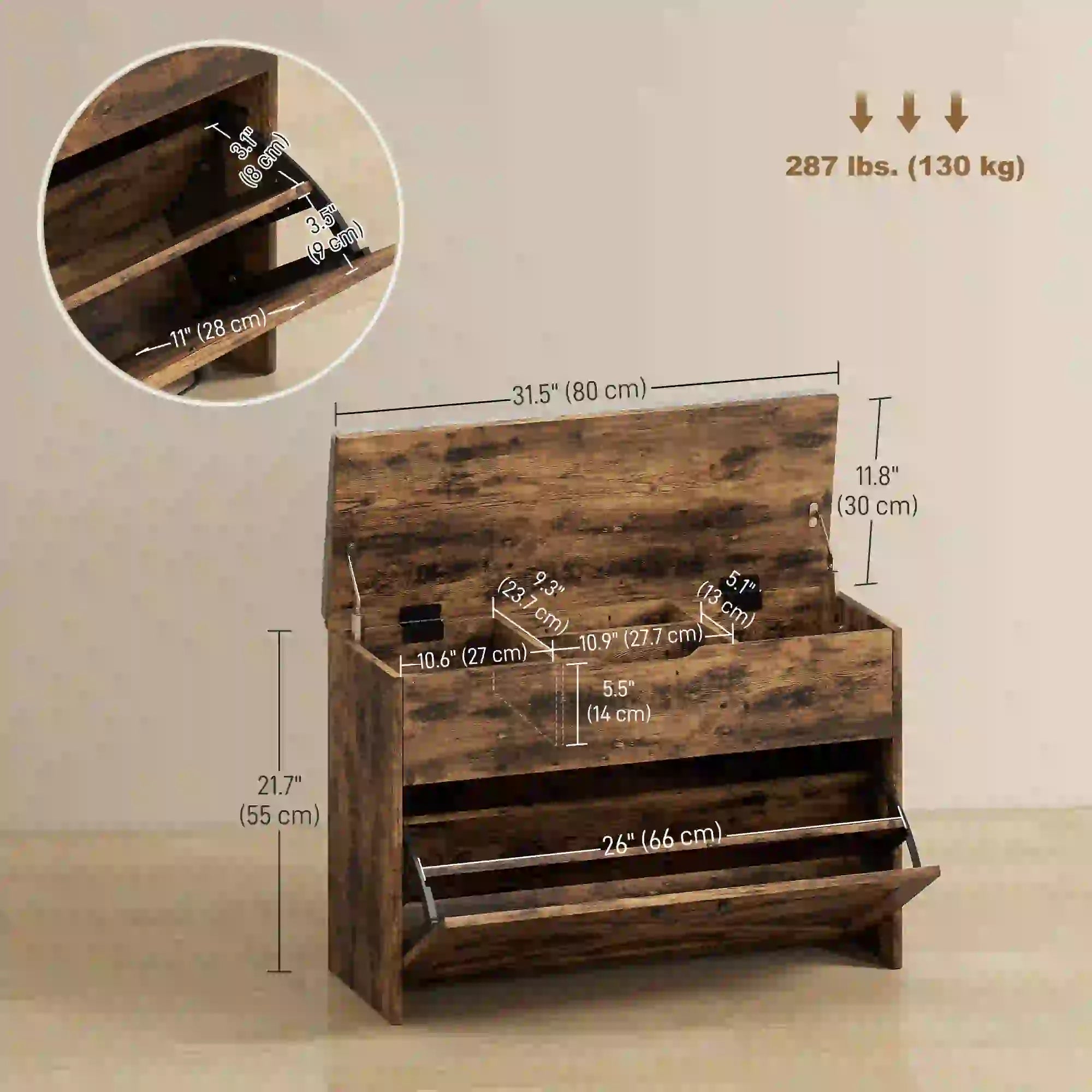 Shoe Storage Bench with Flip Drawer, Lift Top, Seat Cushion, Rustic Brown Shoe Storage Cabinets & Racks at Gallery Canada