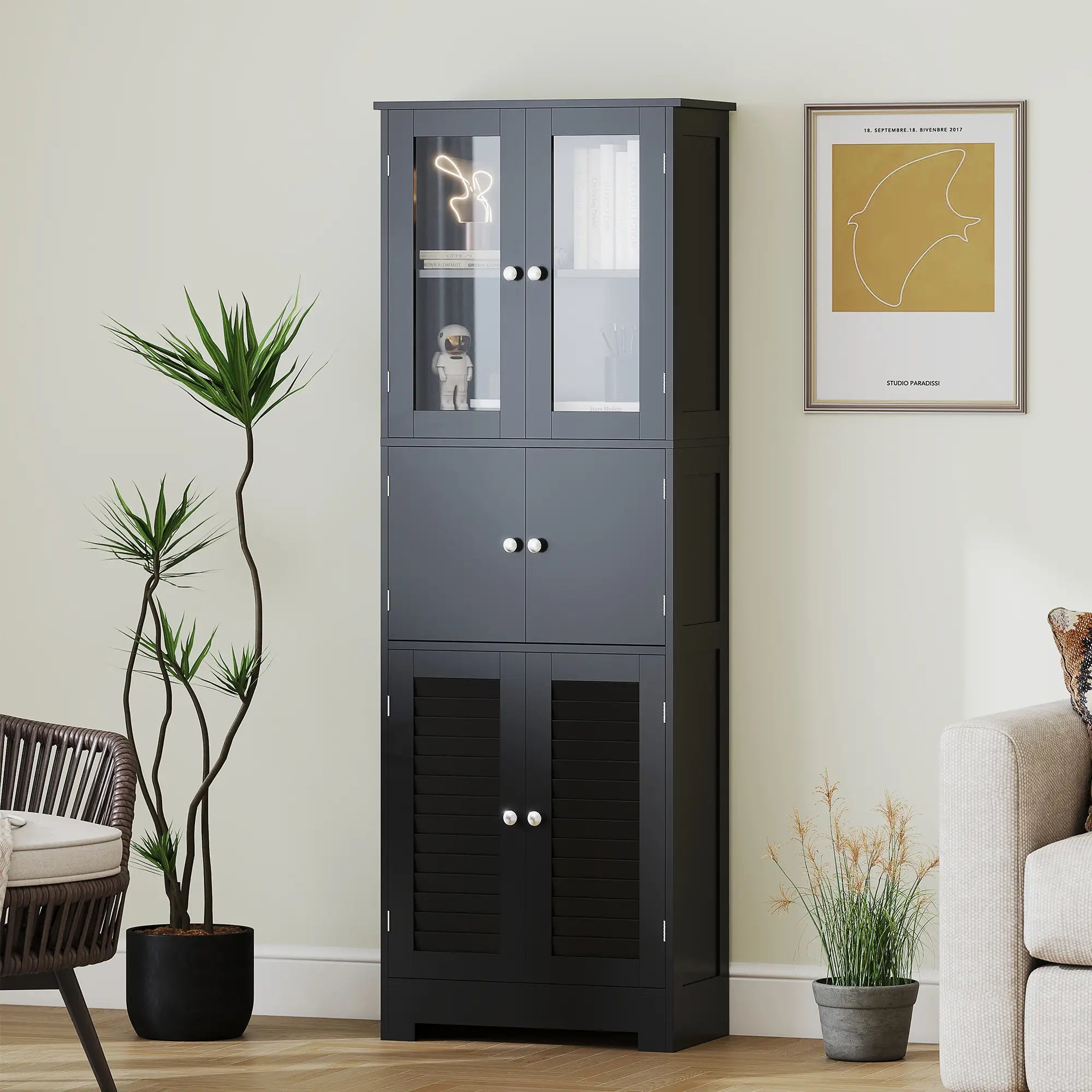 Freestanding Bathroom Cabinet, Glass Louvred Doors, Tall, Black Bathroom Cabinets at Gallery Canada