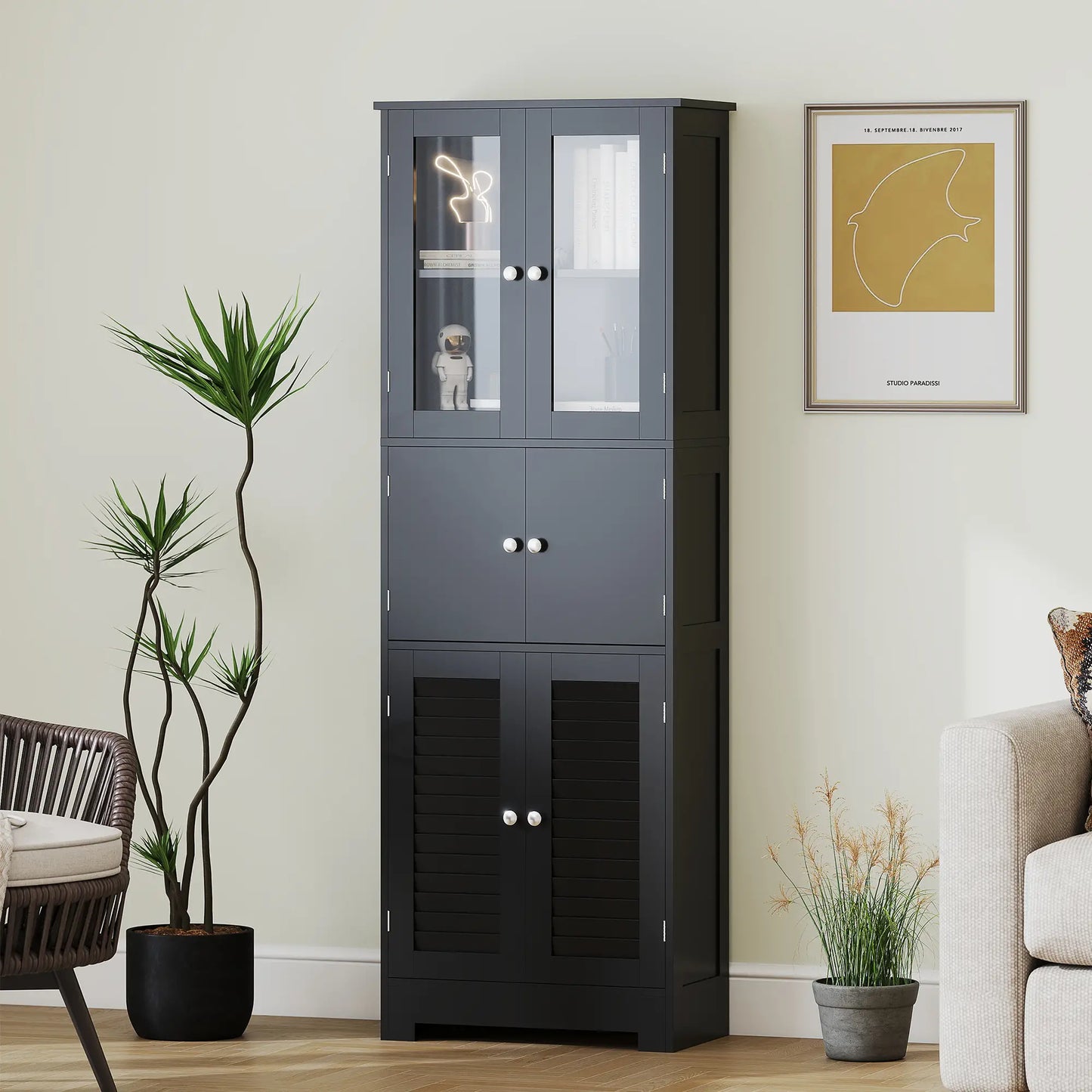 Freestanding Bathroom Cabinet, Glass Louvred Doors, Tall, Black Bathroom Cabinets at Gallery Canada