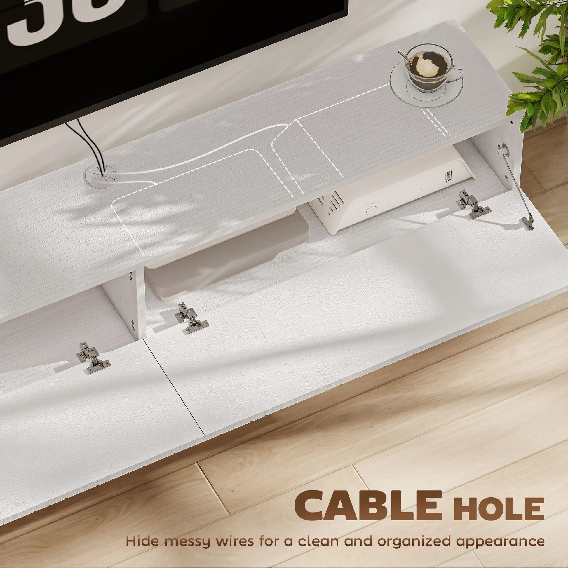 55 Inch Floating TV Stand, Wall Mount Media Console, 2 Fluted Doors, White TV Stands at Gallery Canada