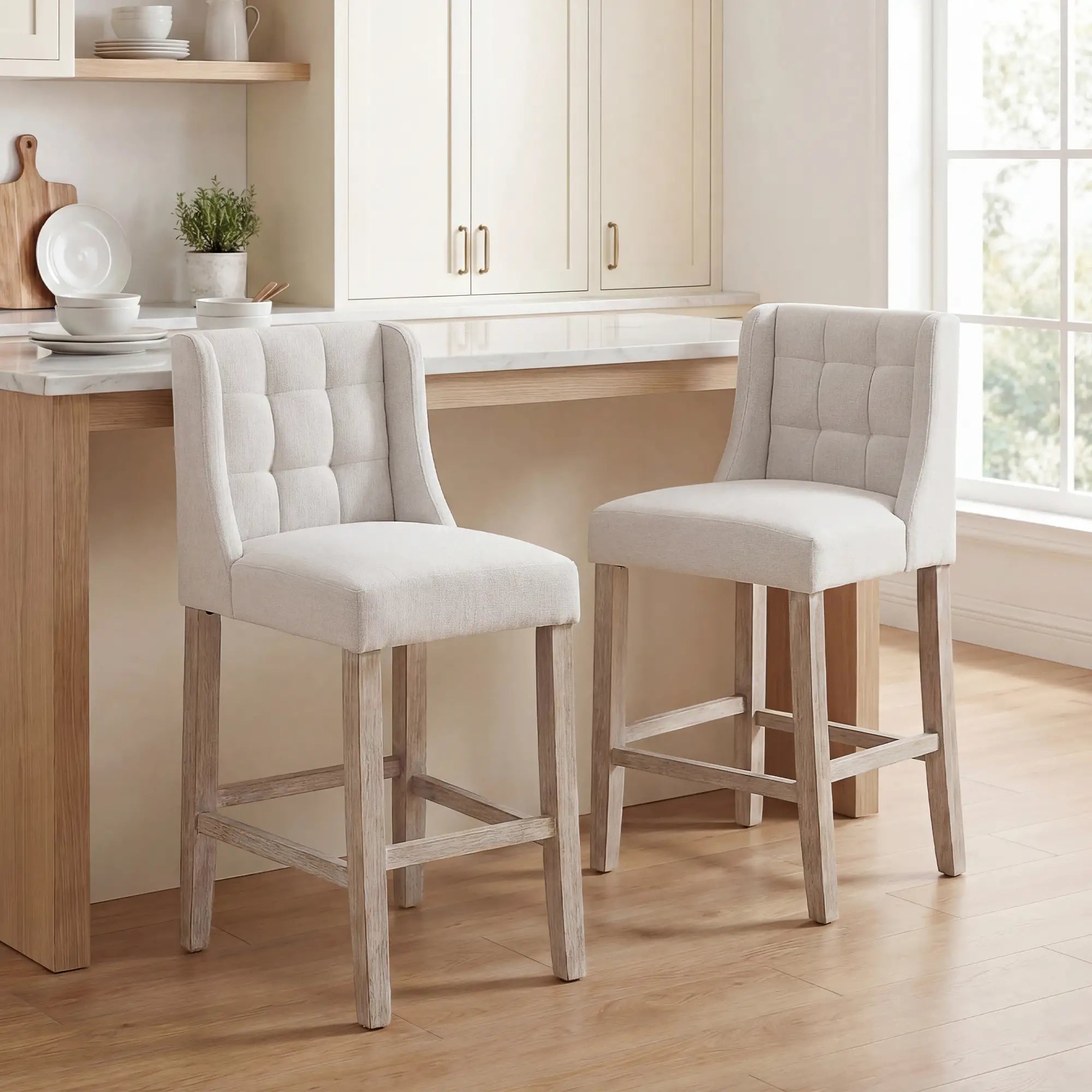 Modern Tufted Upholstered Counter Stools, Set of 2, Beige Bar Stools Beige at Gallery Canada
