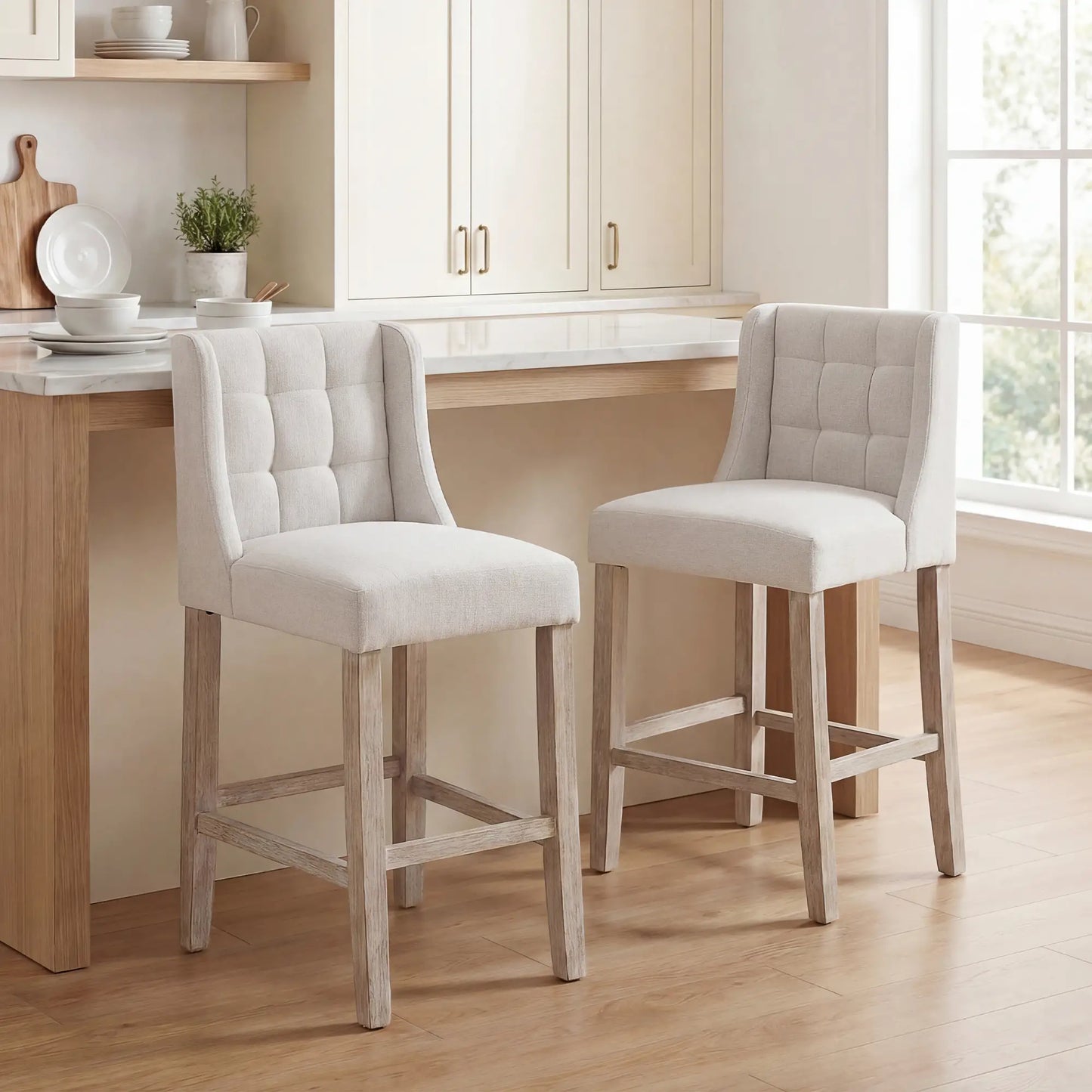 Modern Tufted Upholstered Counter Stools, Set of 2, Beige Bar Stools Beige at Gallery Canada