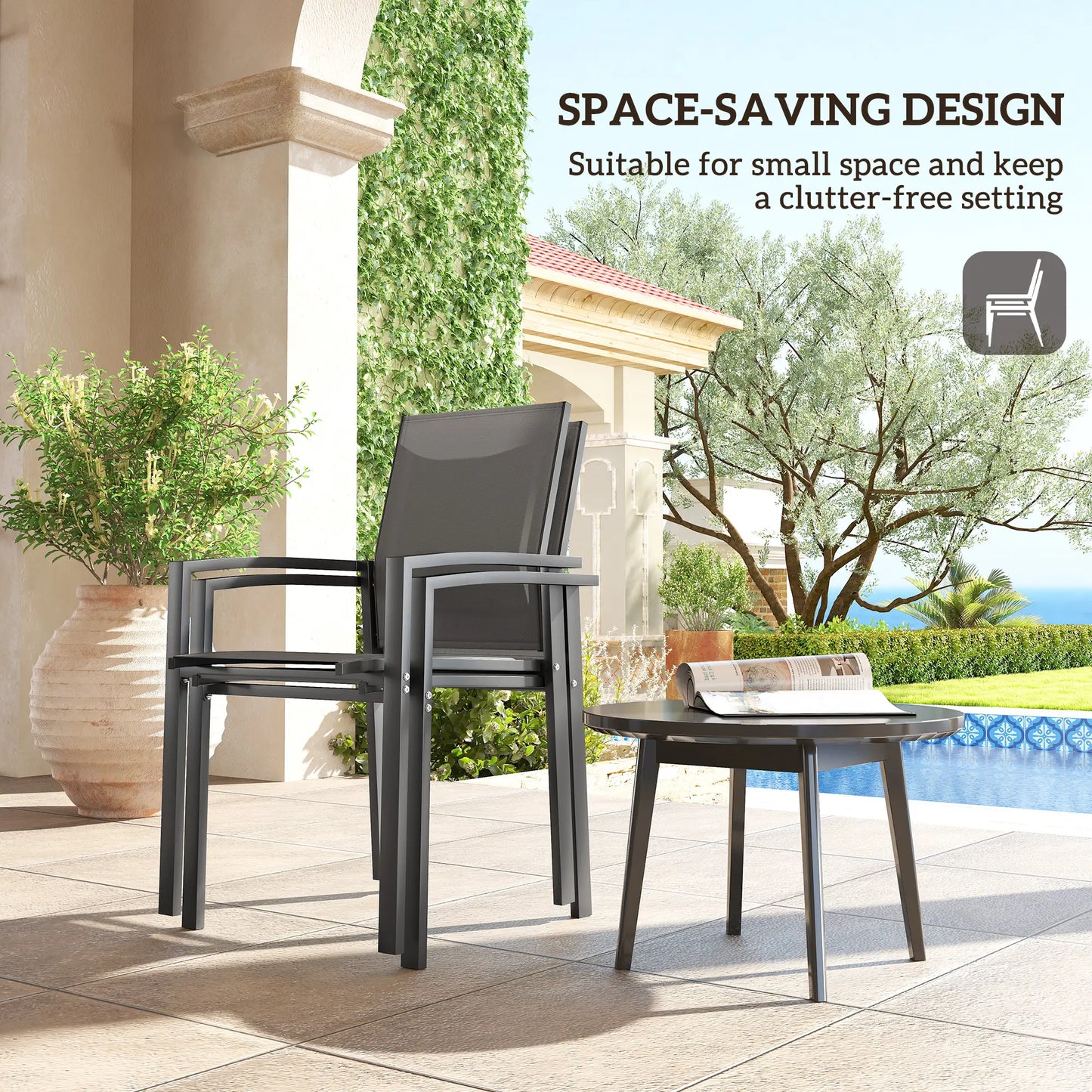 Stackable Outdoor Garden Chairs, Set of 2, Dark Grey Patio Chairs at Gallery Canada