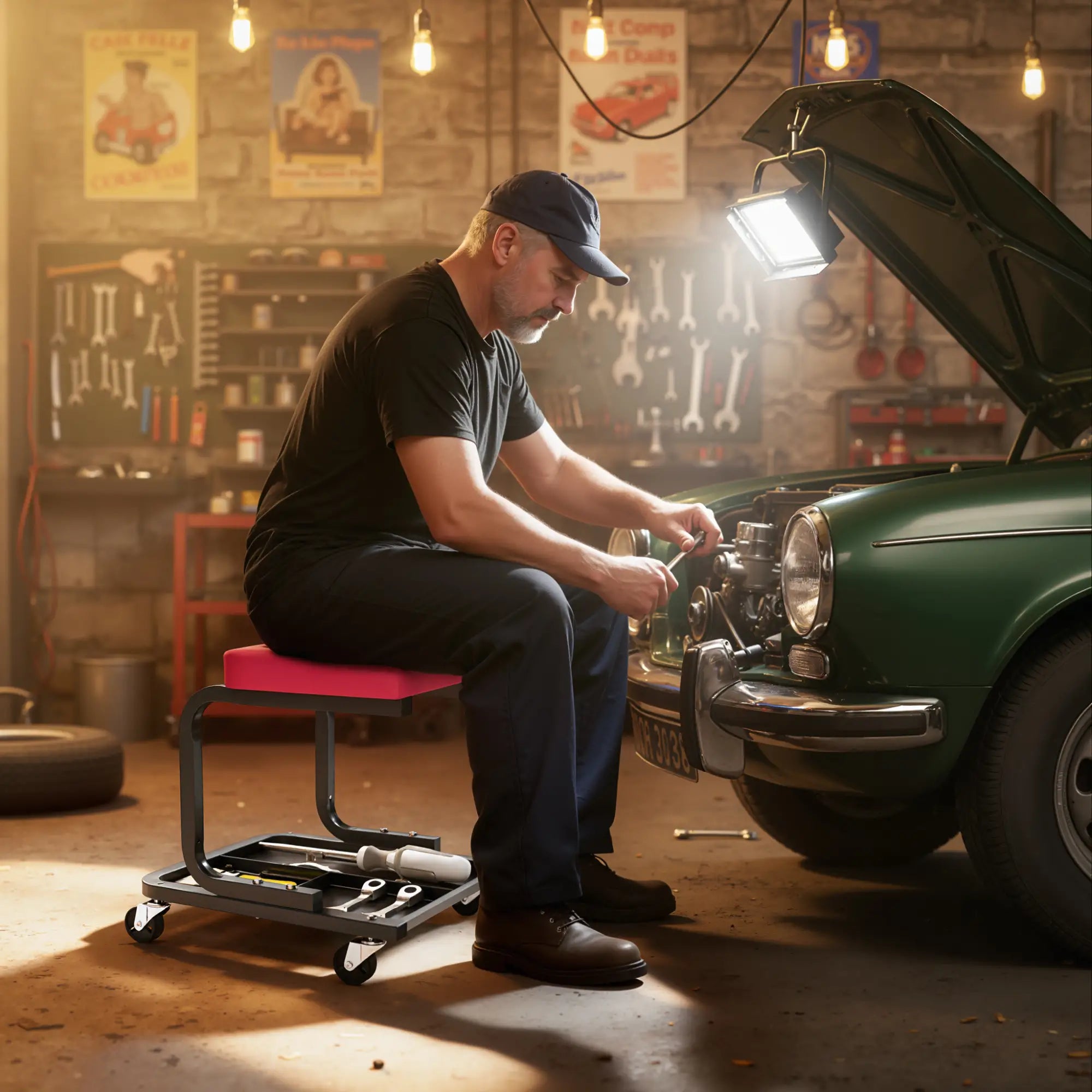 Rolling Mechanic Stool, 300 LBS Capacity Garage Stool with 2