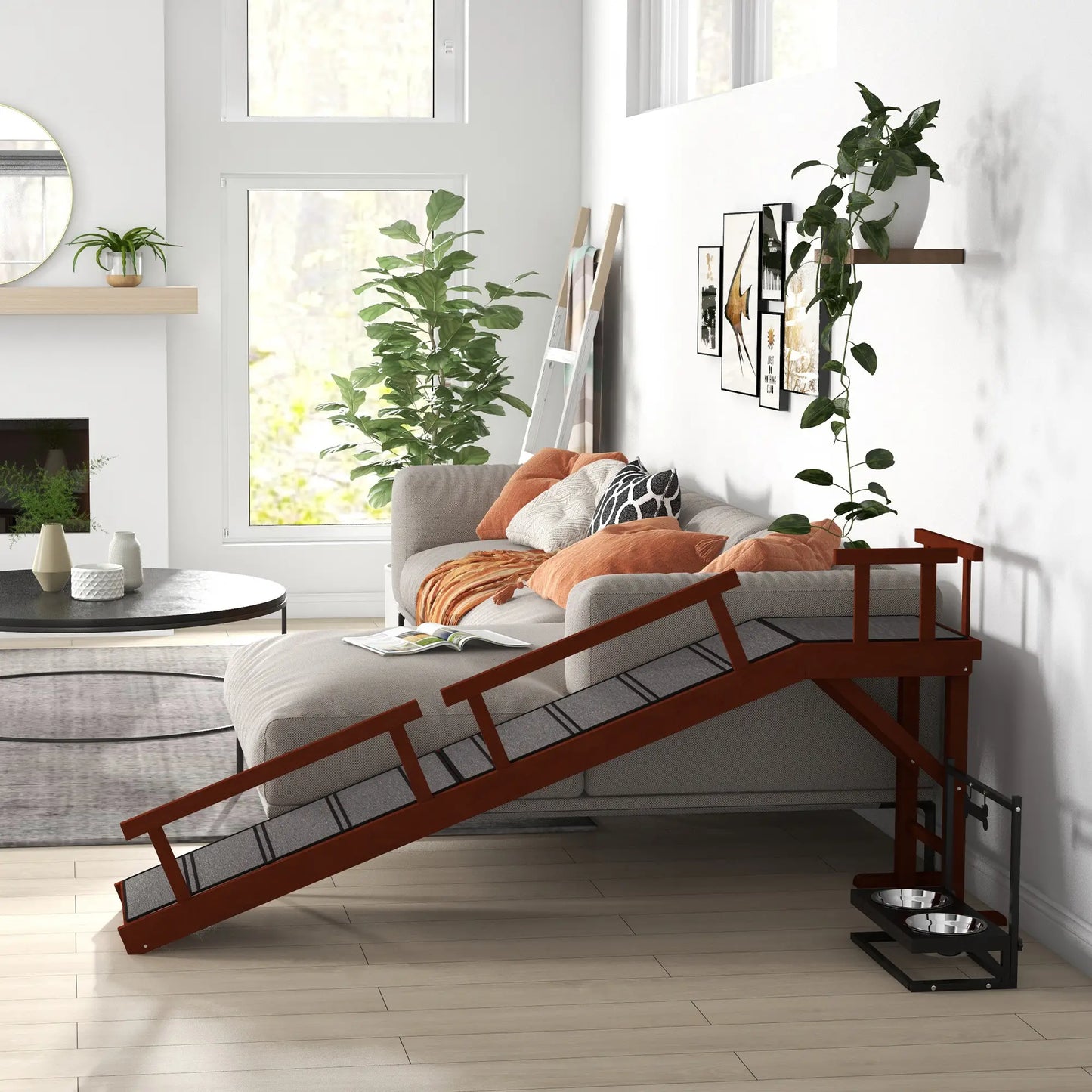 Wooden Dog Ramp, 73" Long, Non-Slip Rug, Removable Guardrails, Brown Dog Stairs at Gallery Canada