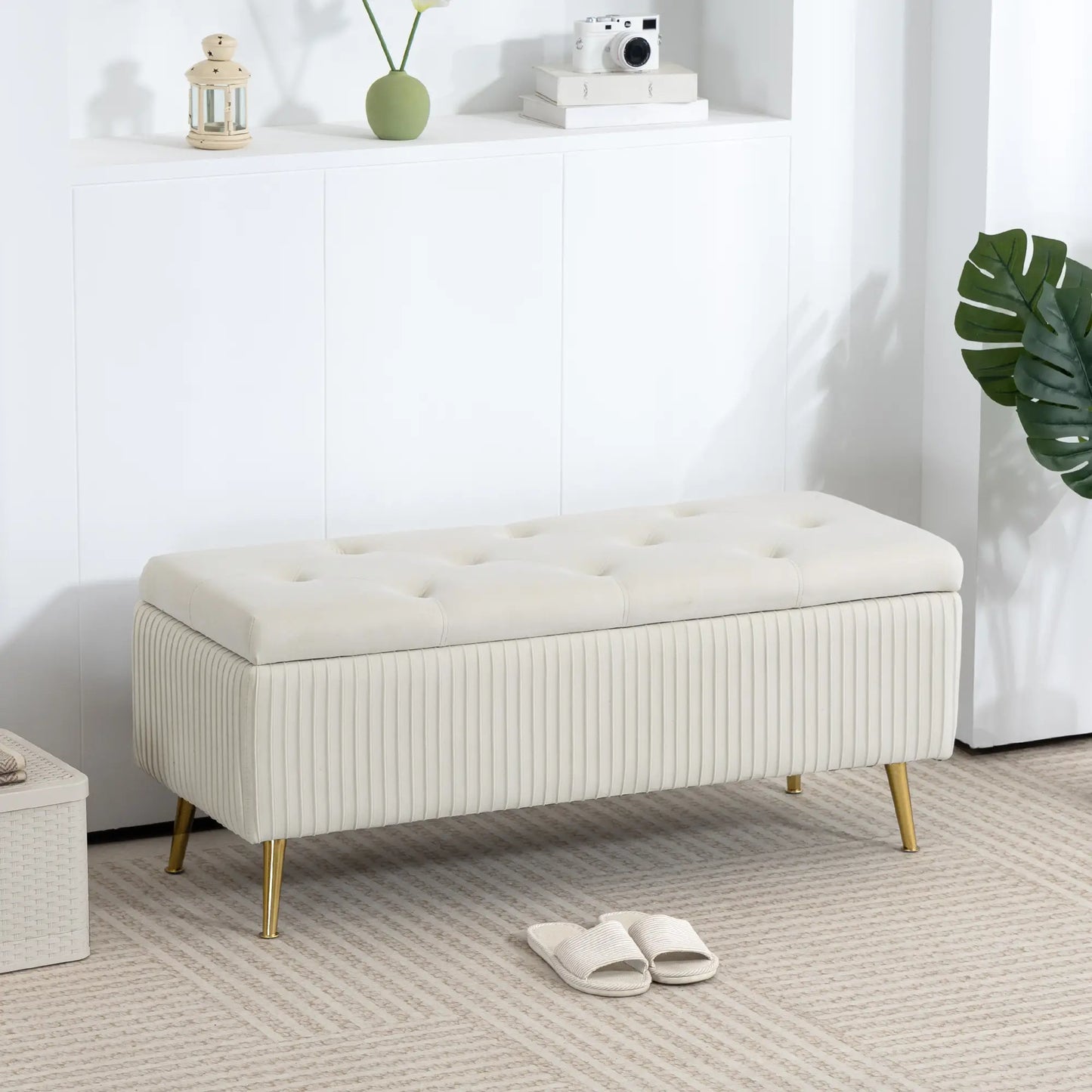 43 Inch Storage Ottoman Bench, Steel Legs, Padded Seat, Beige Storage Ottomans & Benches at Gallery Canada