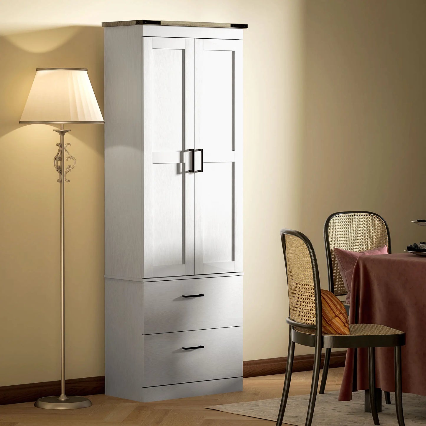 67" Tall Kitchen Pantry Cabinet, Doors, Drawers, Adjustable Shelves, Cream White Kitchen Pantry Cabinets at Gallery Canada
